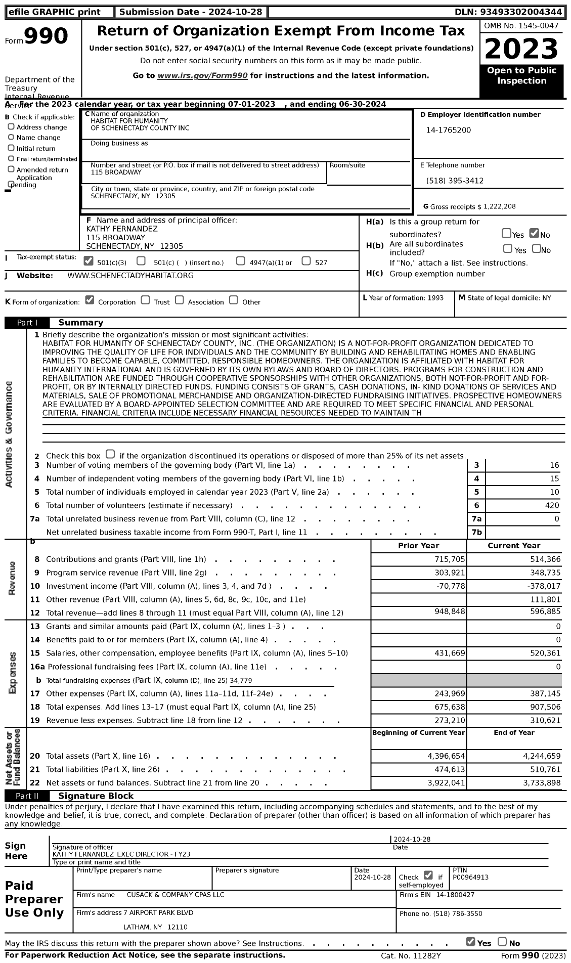 Image of first page of 2023 Form 990 for Habitat for Humanity - Schenectady County HFH