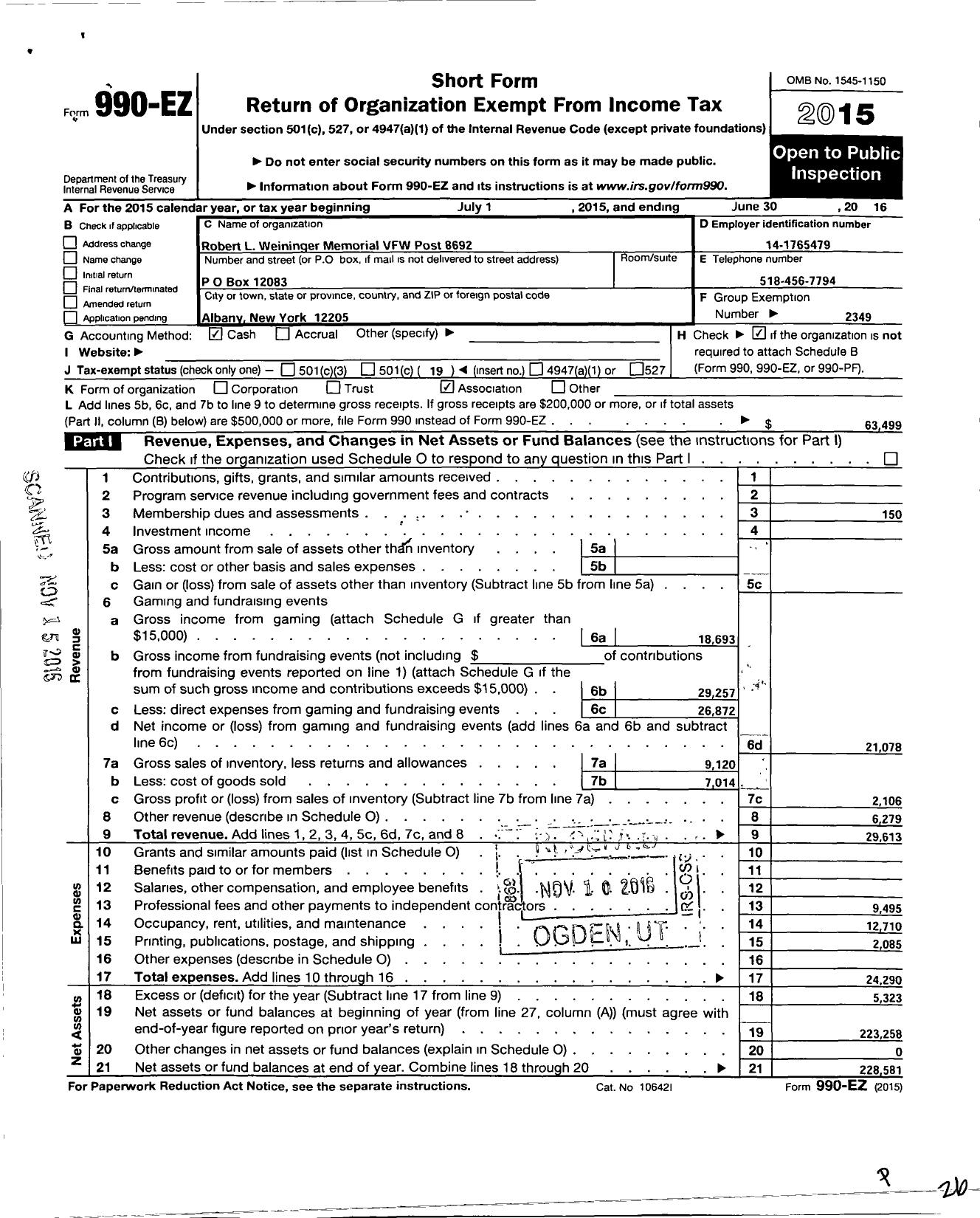 Image of first page of 2015 Form 990EO for Department of Ny VFW - 8692 Post Robert L Weininger Memori