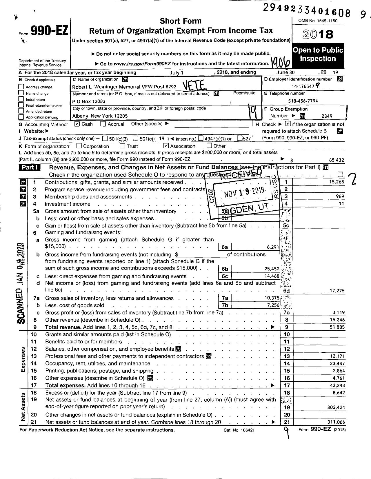 Image of first page of 2018 Form 990EO for Department of Ny VFW - 8692 Post Robert L Weininger Memori