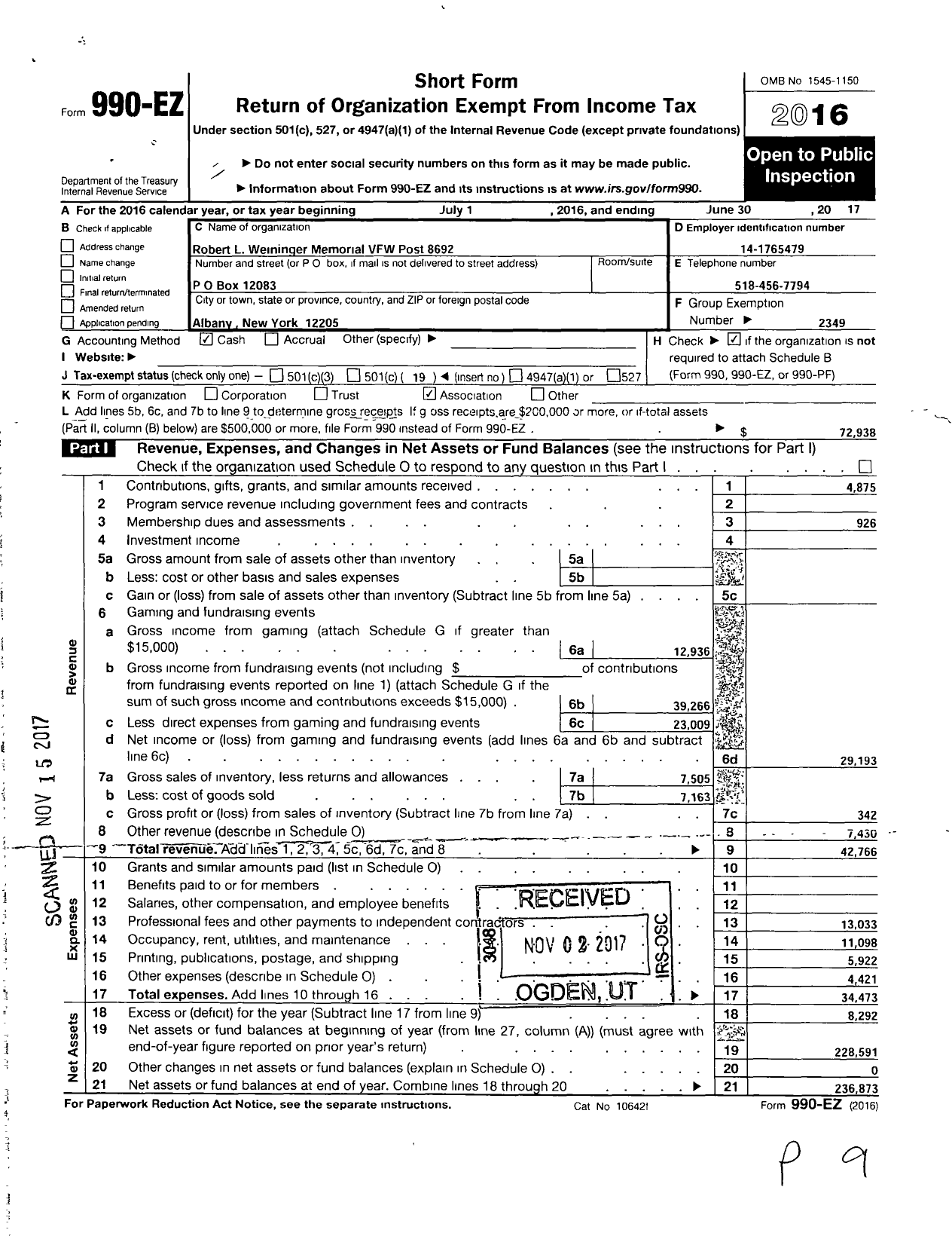 Image of first page of 2016 Form 990EO for Department of Ny VFW - 8692 Post Robert L Weininger Memori