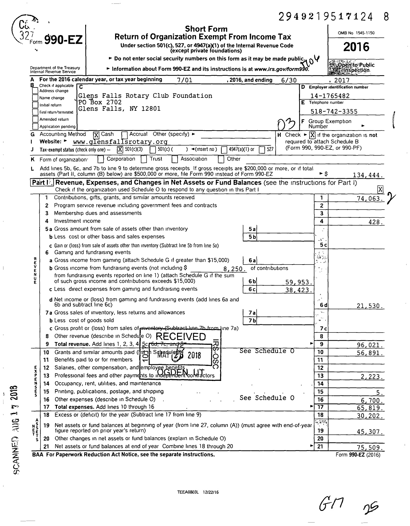 Image of first page of 2016 Form 990EZ for Glens Falls Rotary Club Foundation