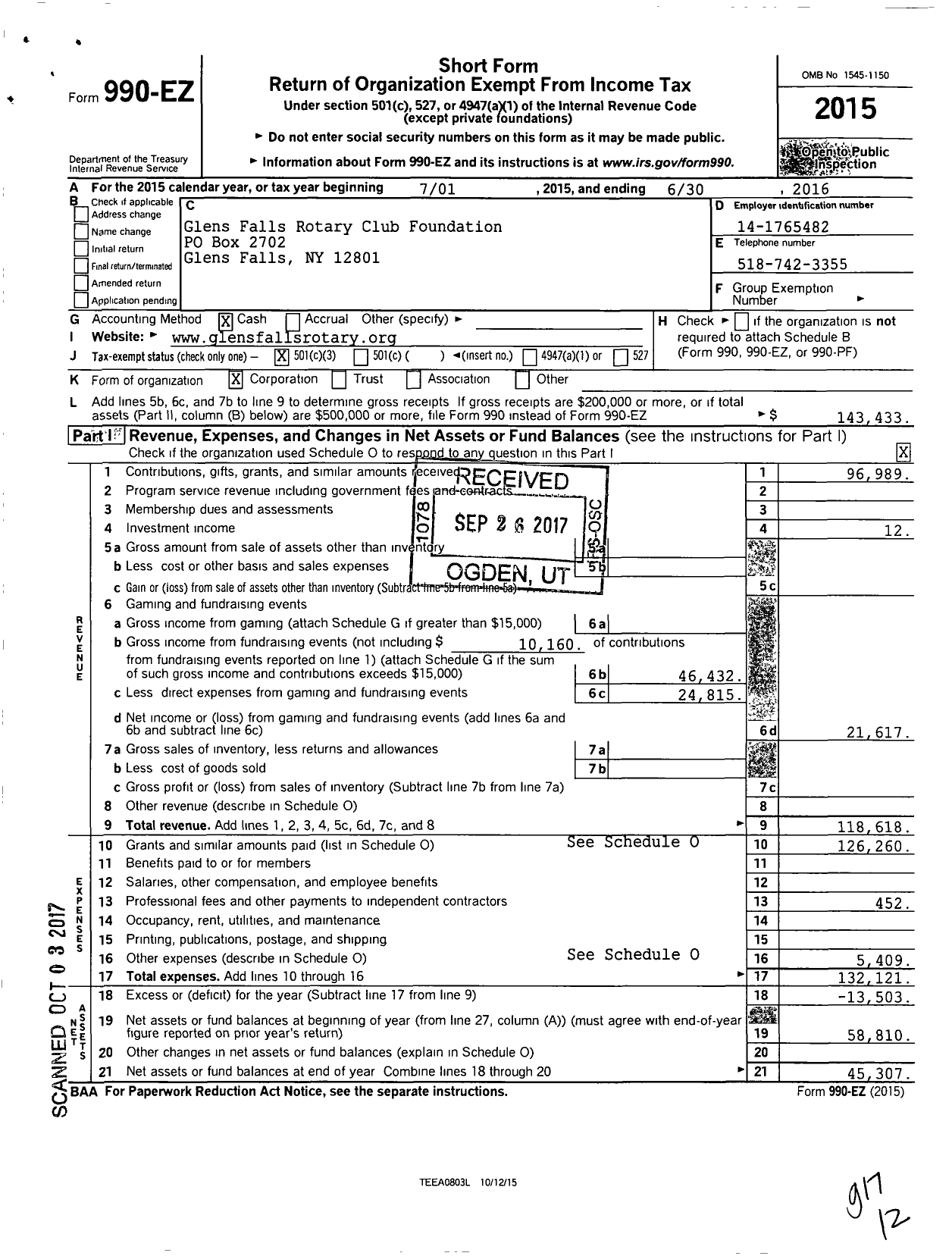 Image of first page of 2015 Form 990EZ for Glens Falls Rotary Club Foundation