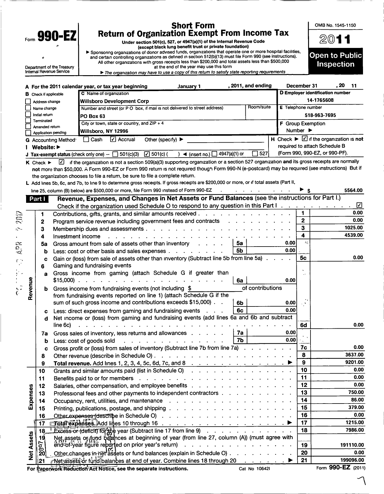 Image of first page of 2011 Form 990EO for Willsboro Development Corporation