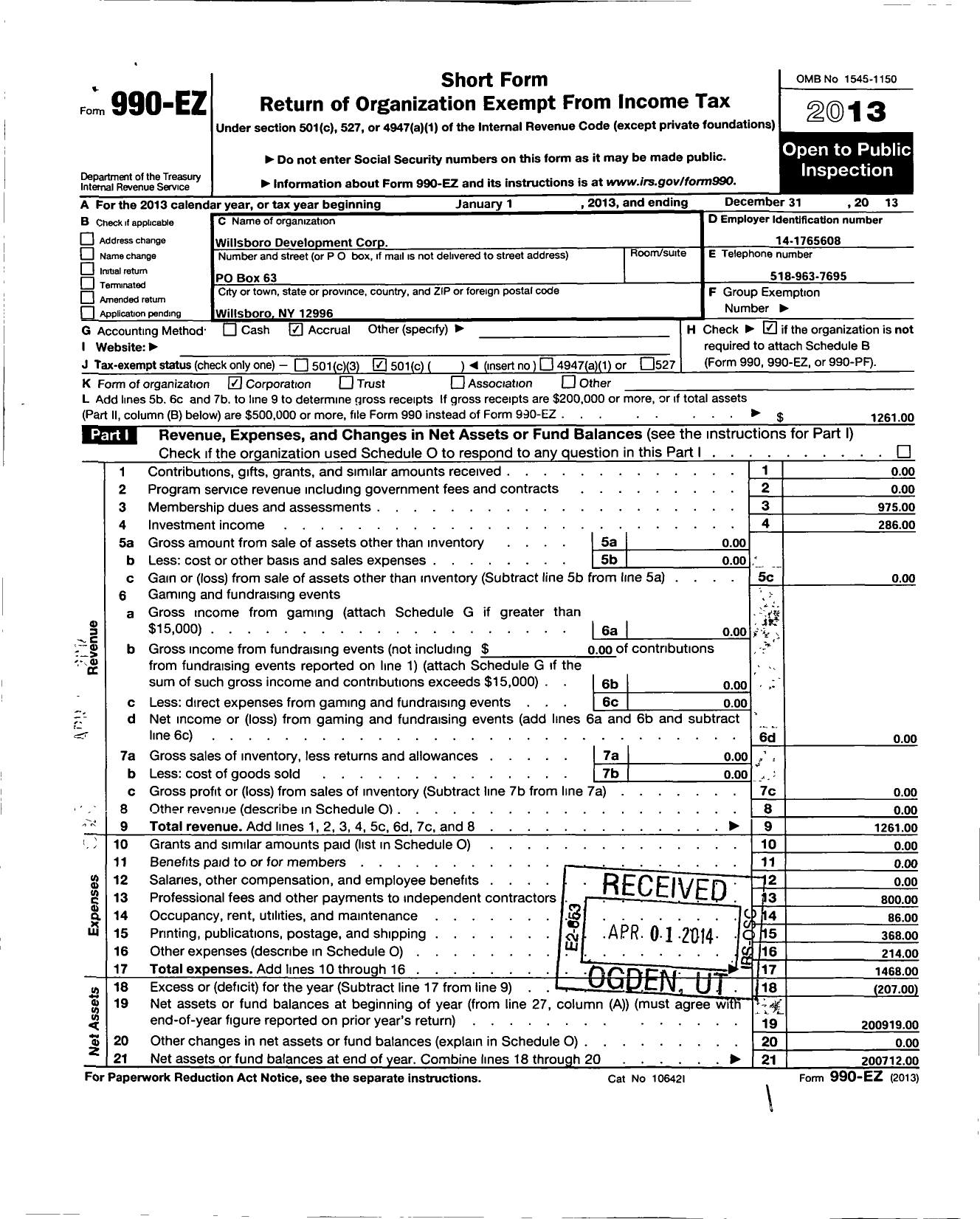 Image of first page of 2013 Form 990EO for Willsboro Development Corporation