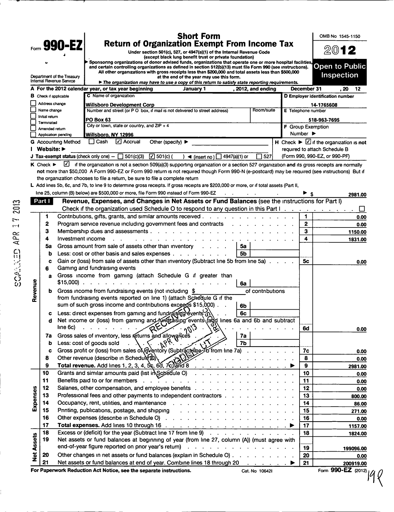 Image of first page of 2012 Form 990EO for Willsboro Development Corporation