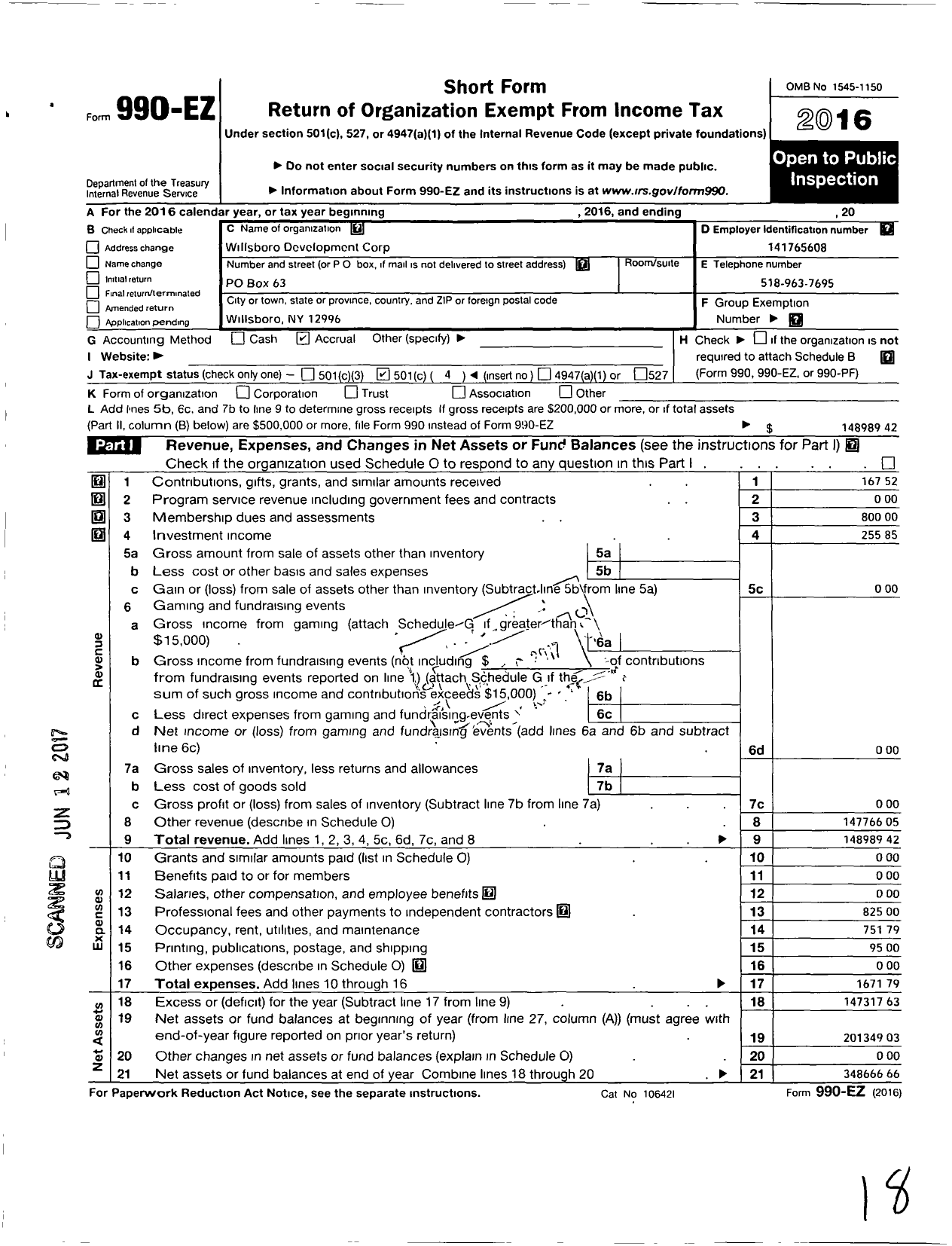 Image of first page of 2016 Form 990EO for Willsboro Development Corporation