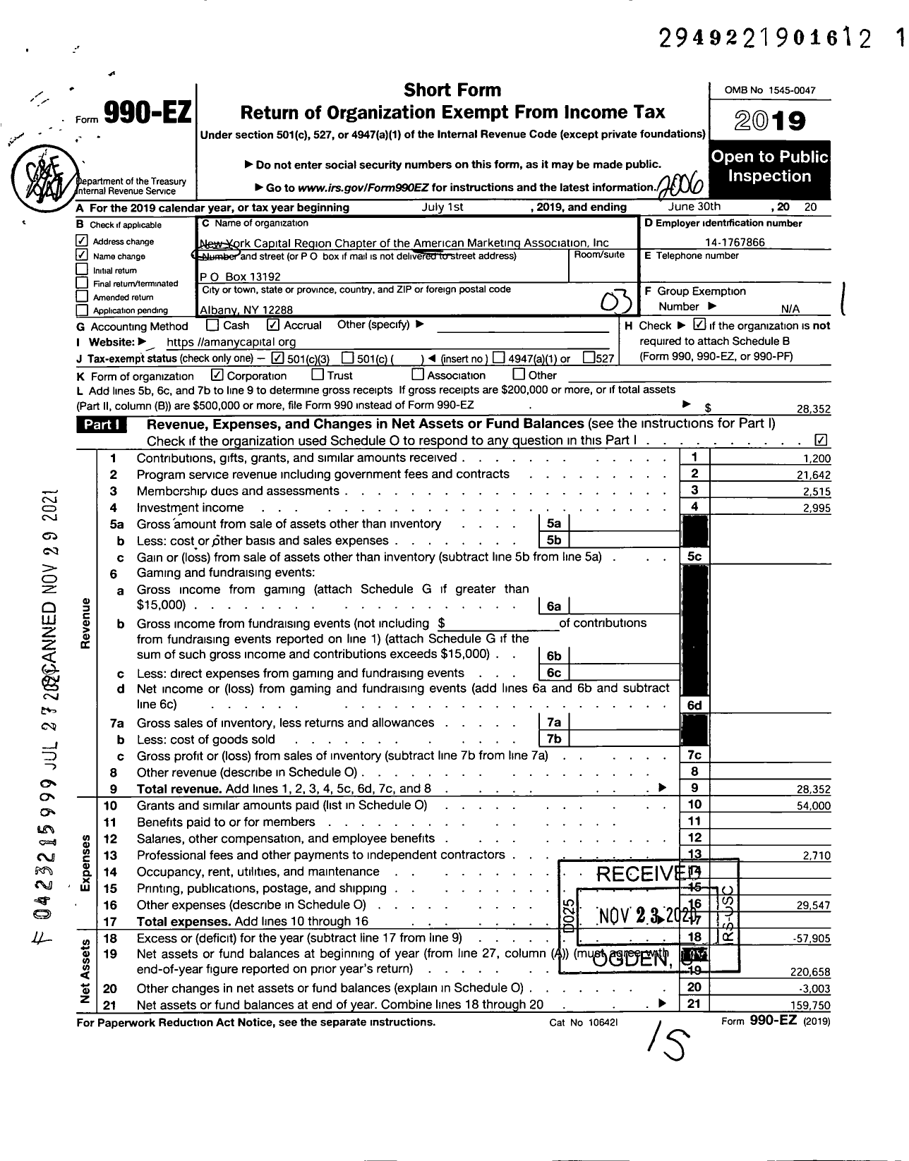 Image of first page of 2019 Form 990EZ for American Marketing Association / New York Capital Region Chapter