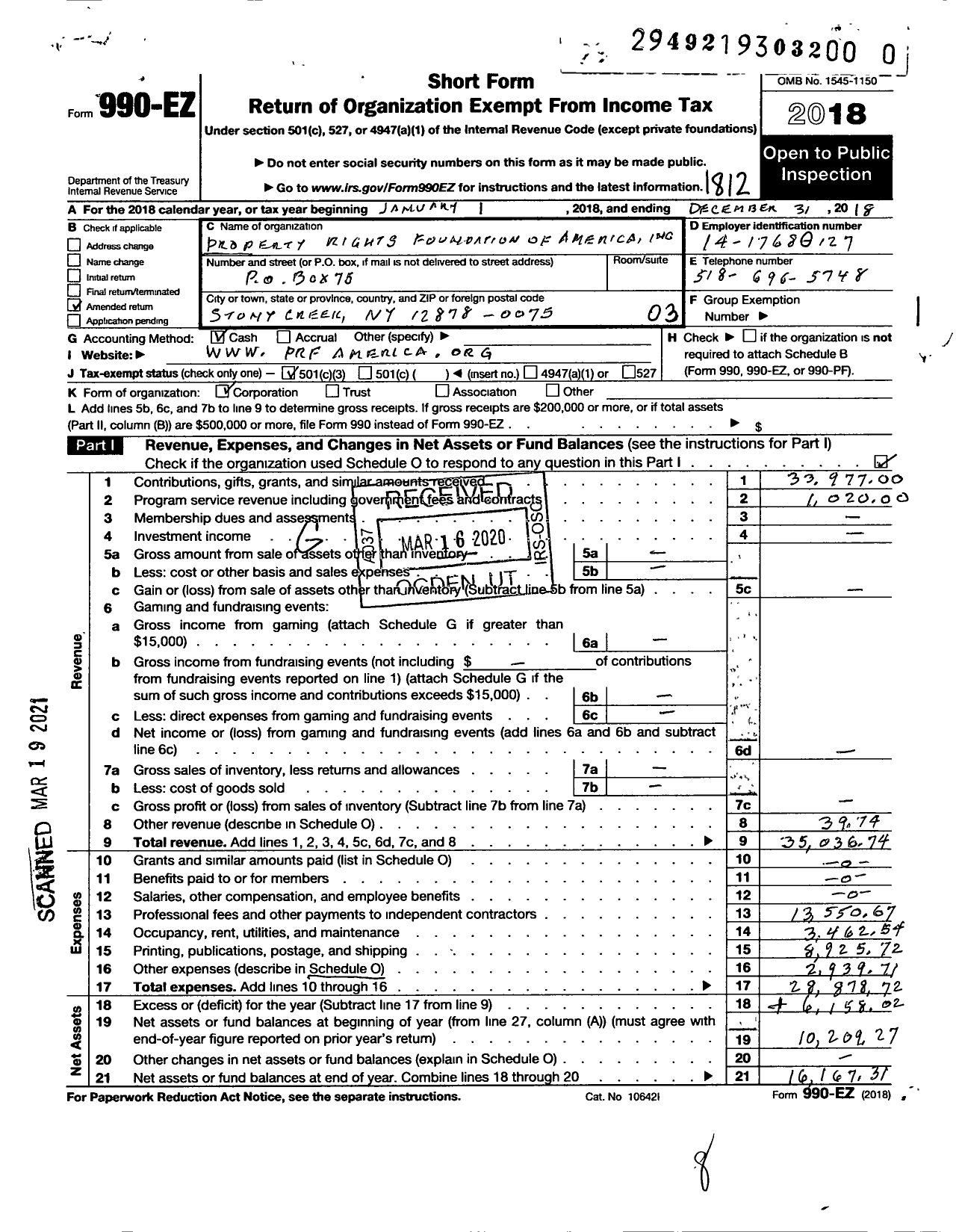 Image of first page of 2018 Form 990EZ for Property Rights Foundation of America