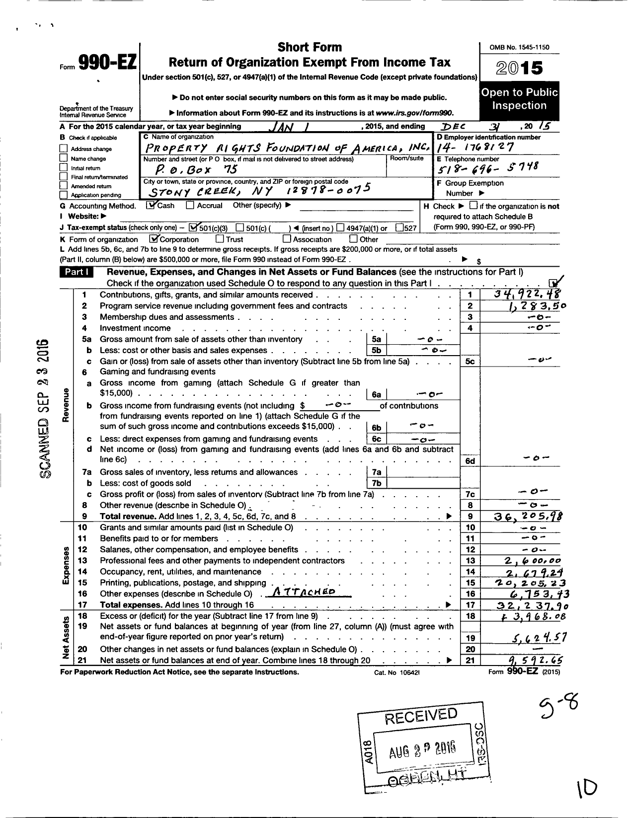 Image of first page of 2015 Form 990EZ for Property Rights Foundation of America