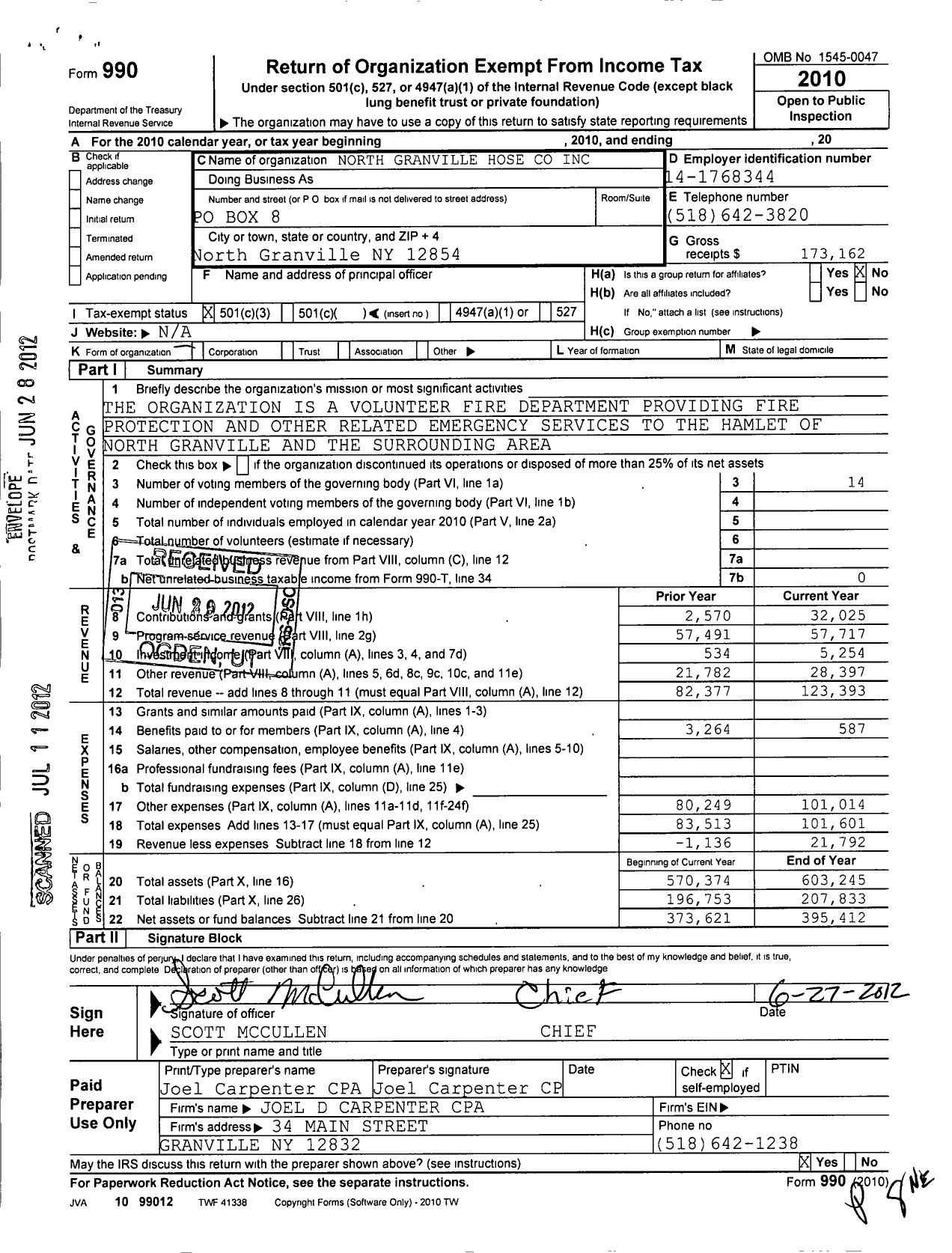 Image of first page of 2010 Form 990 for North Granville Hose