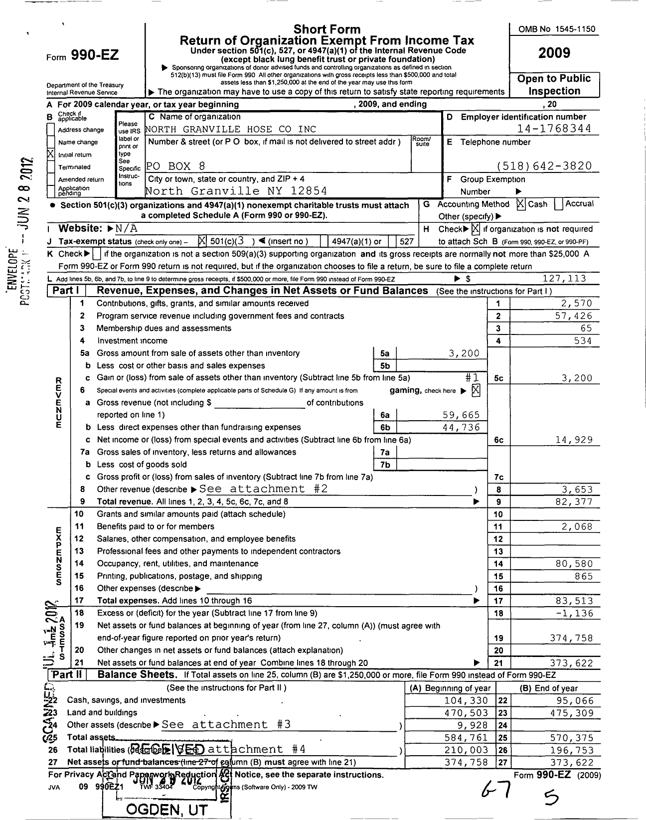 Image of first page of 2009 Form 990EZ for North Granville Hose