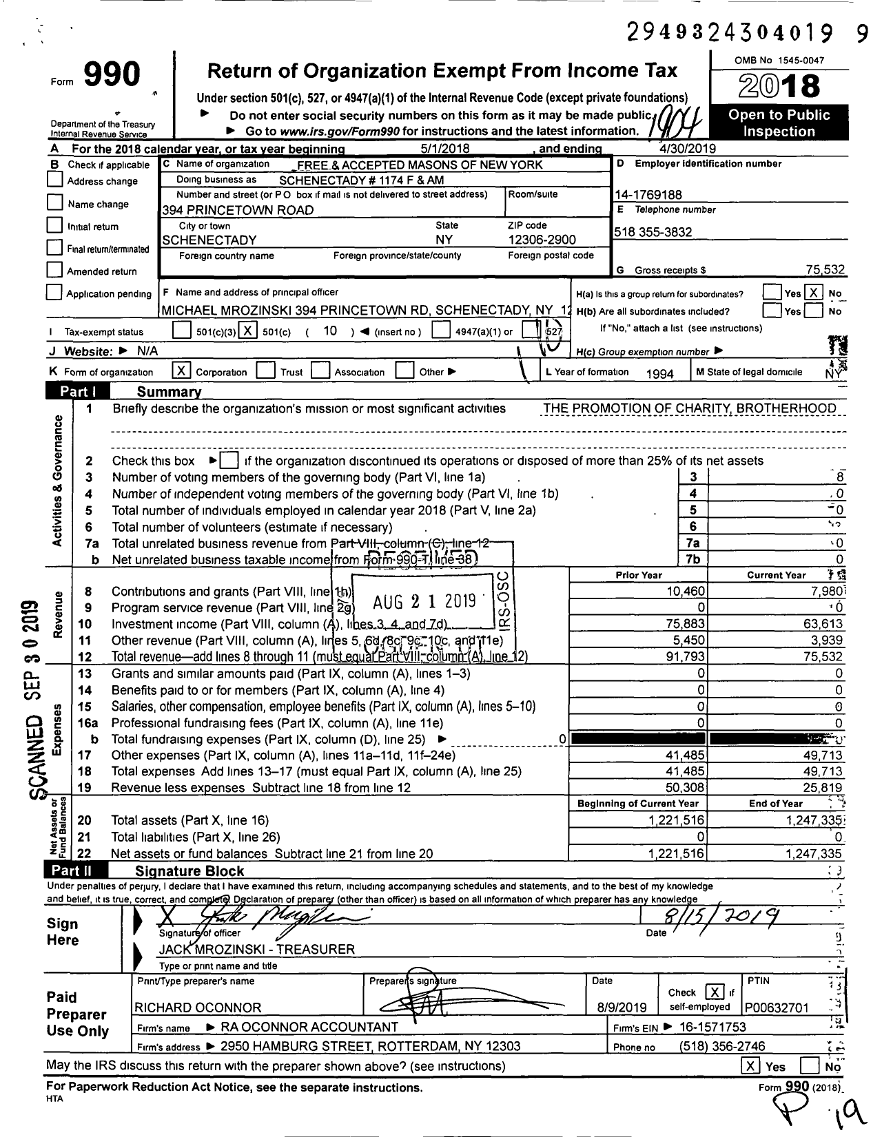 Image of first page of 2018 Form 990O for Free and Accepted Masons of New York - Schenectady 1174 F&am