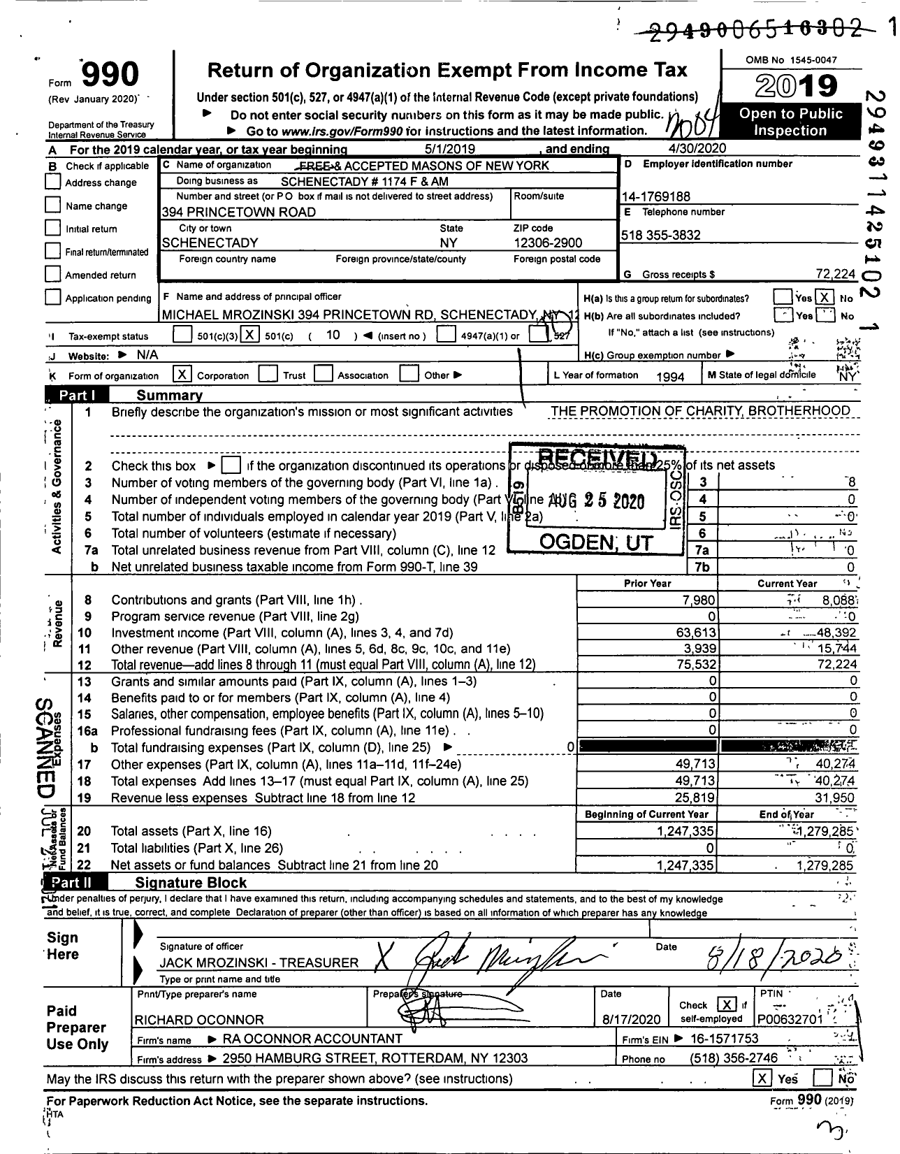 Image of first page of 2019 Form 990O for Free and Accepted Masons of New York - Schenectady 1174 F&am