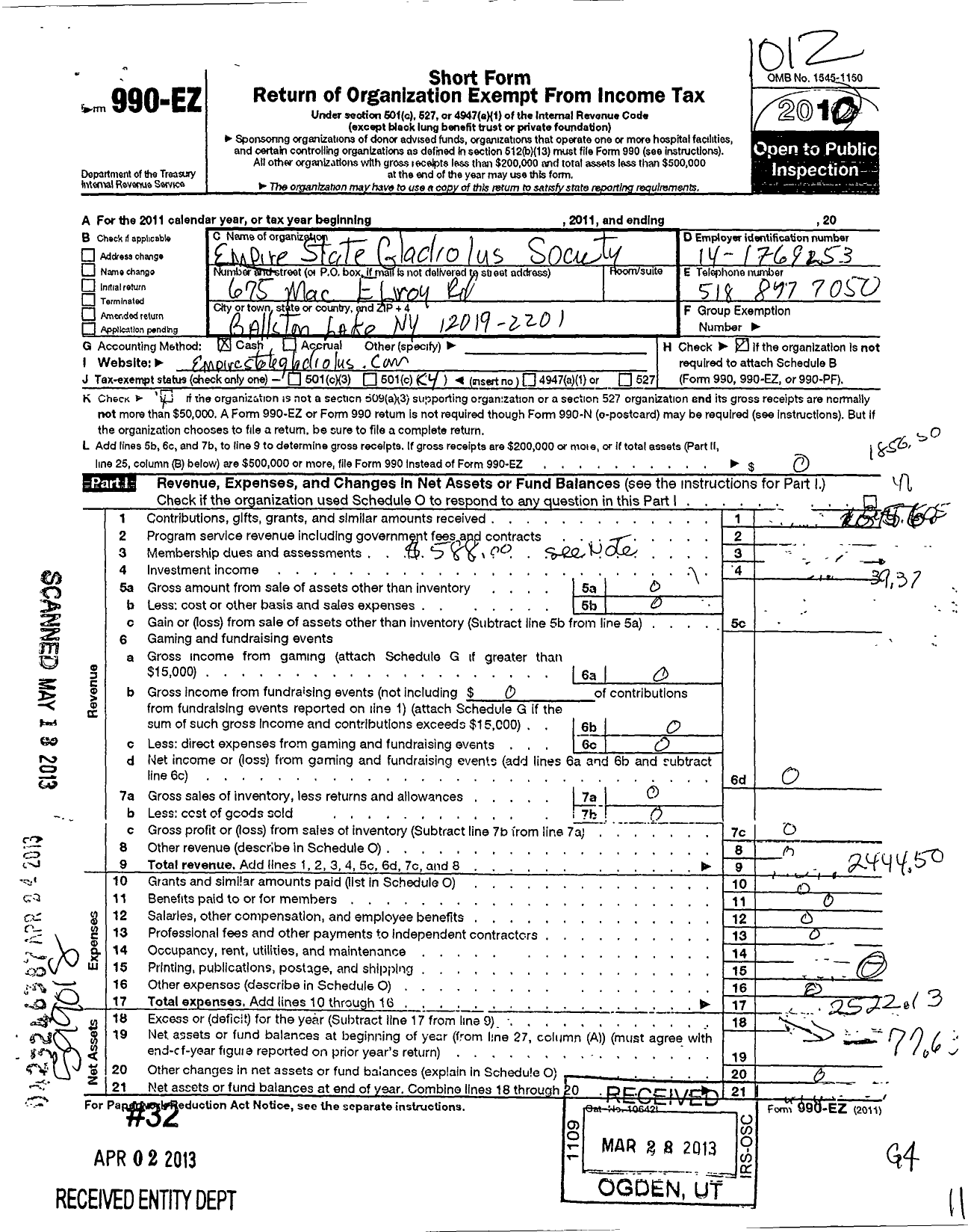 Image of first page of 2010 Form 990EO for Empire State Gladiolus Society