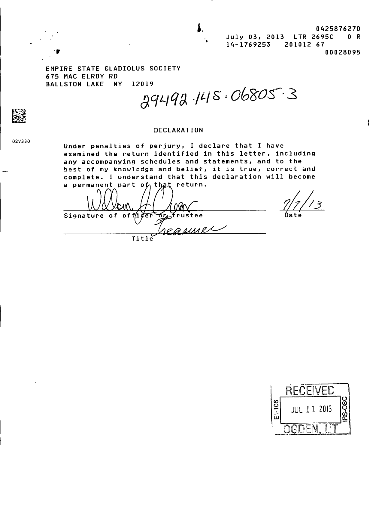 Image of first page of 2009 Form 990EOR for Empire State Gladiolus Society