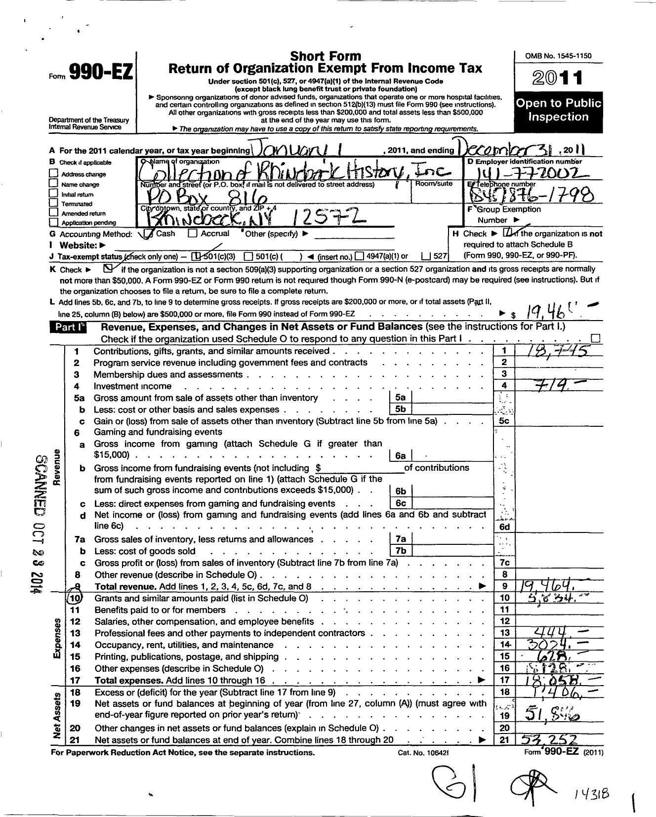 Image of first page of 2011 Form 990EZ for Collection of Rhinebeck History