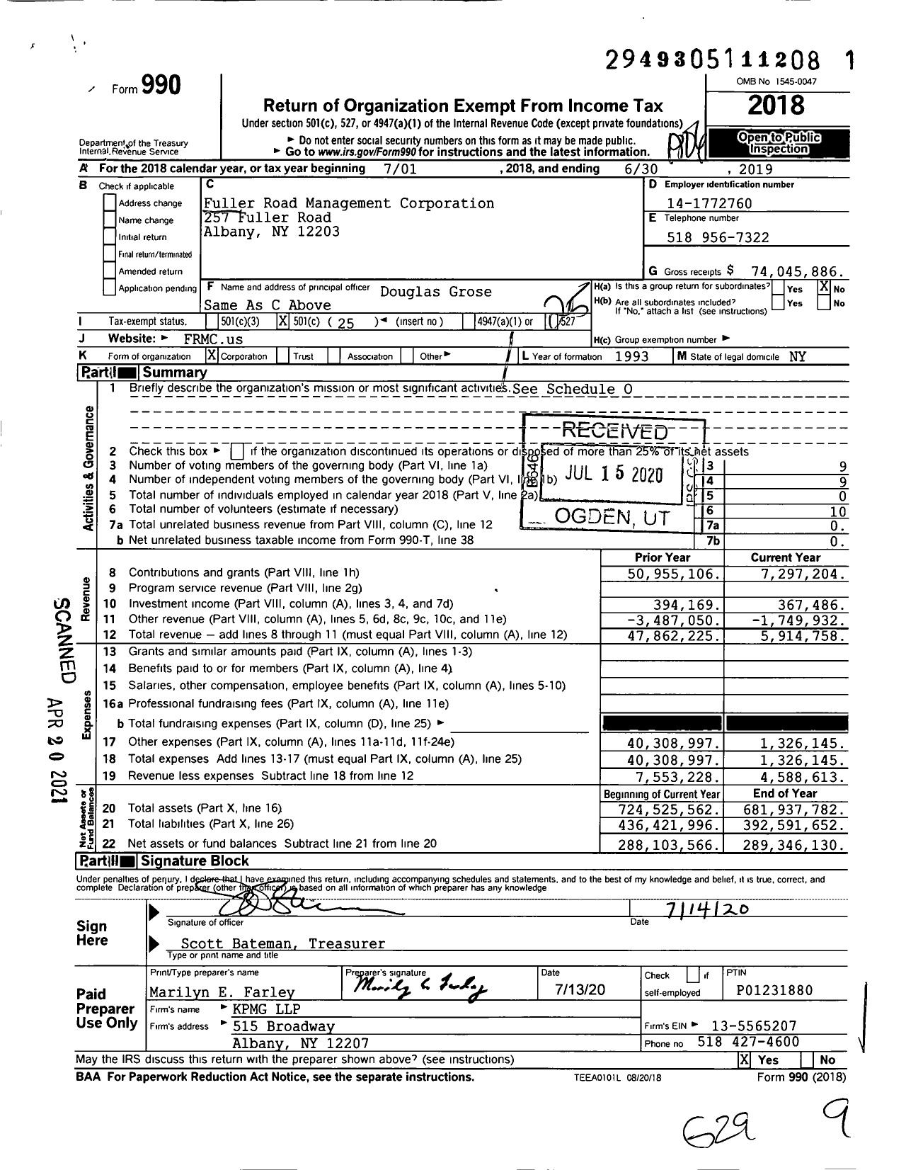 Image of first page of 2018 Form 990O for Fuller Road Management Corporation