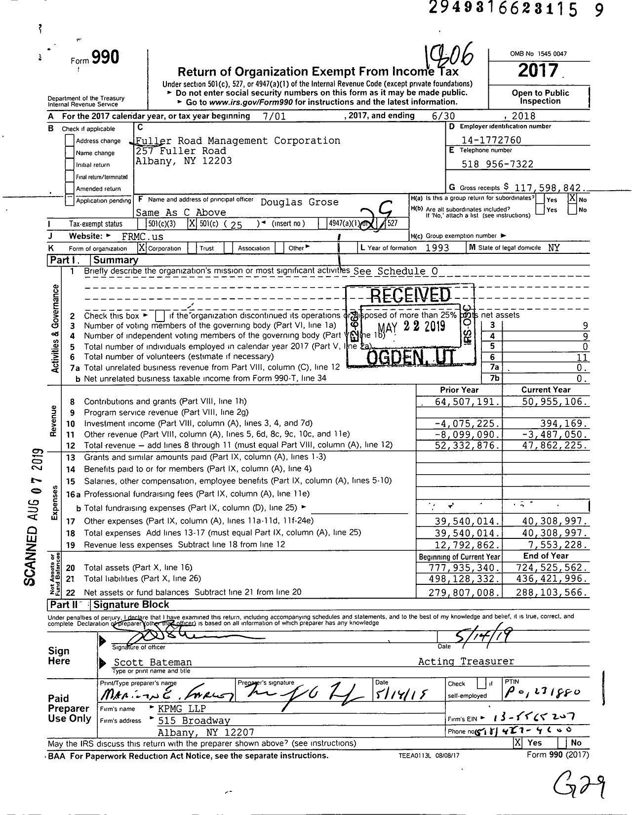 Image of first page of 2017 Form 990O for Fuller Road Management Corporation