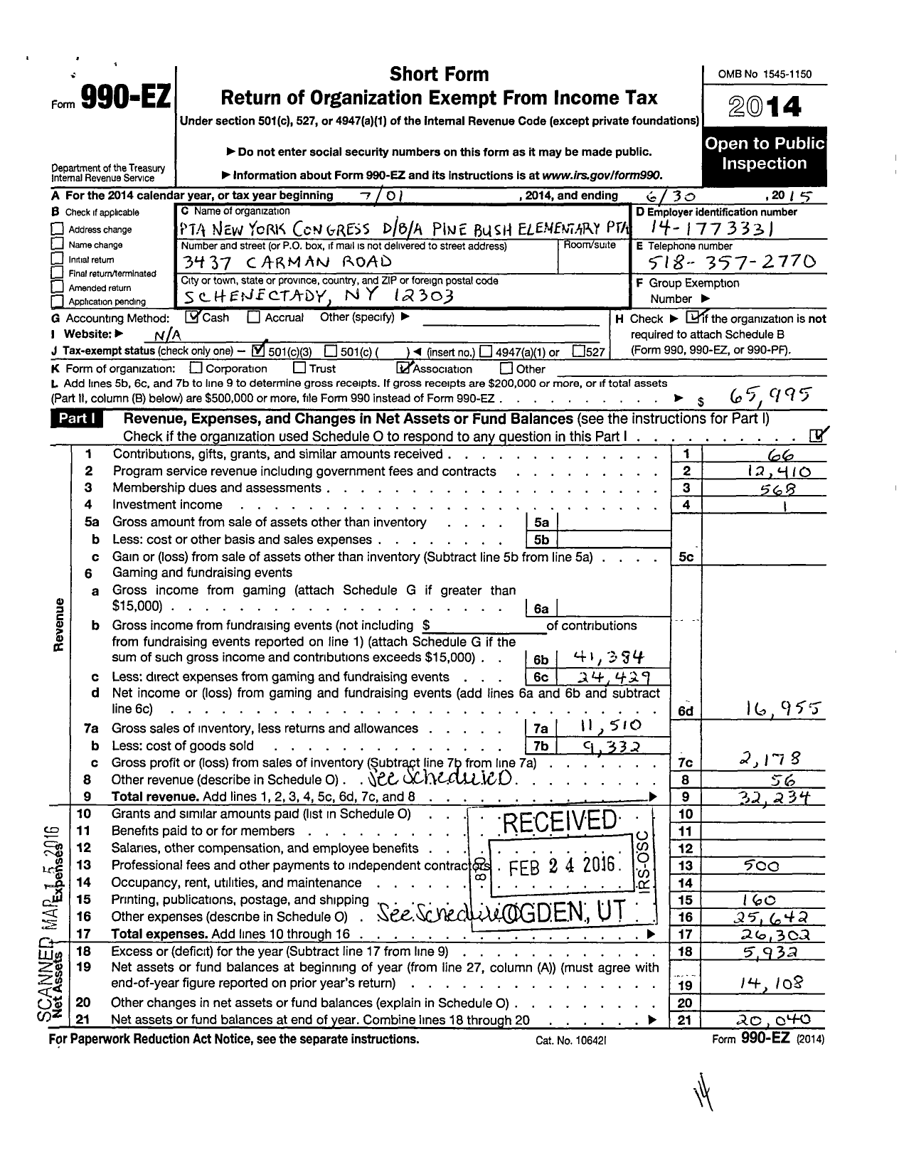 Image of first page of 2014 Form 990EZ for New York State PTA - 12-248 Pine Bush Elem School PTA