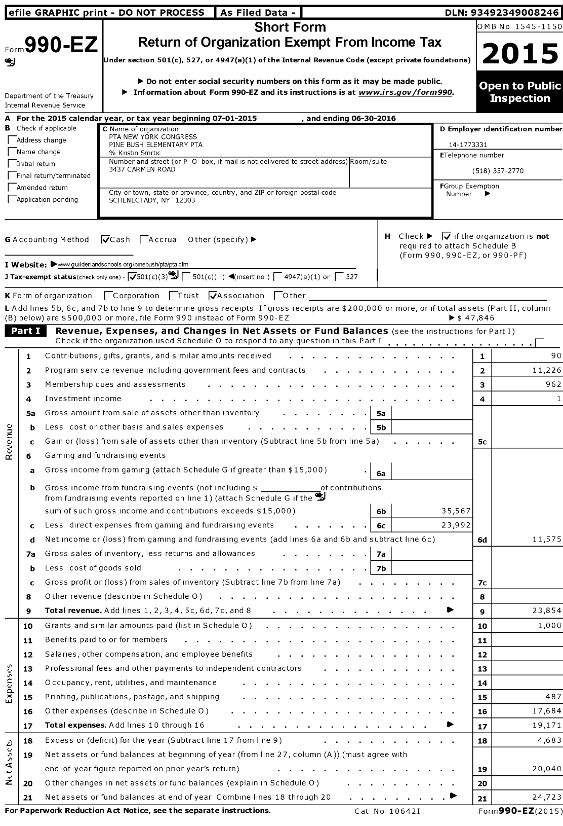 Image of first page of 2015 Form 990EZ for New York State PTA - 12-248 Pine Bush Elem School PTA