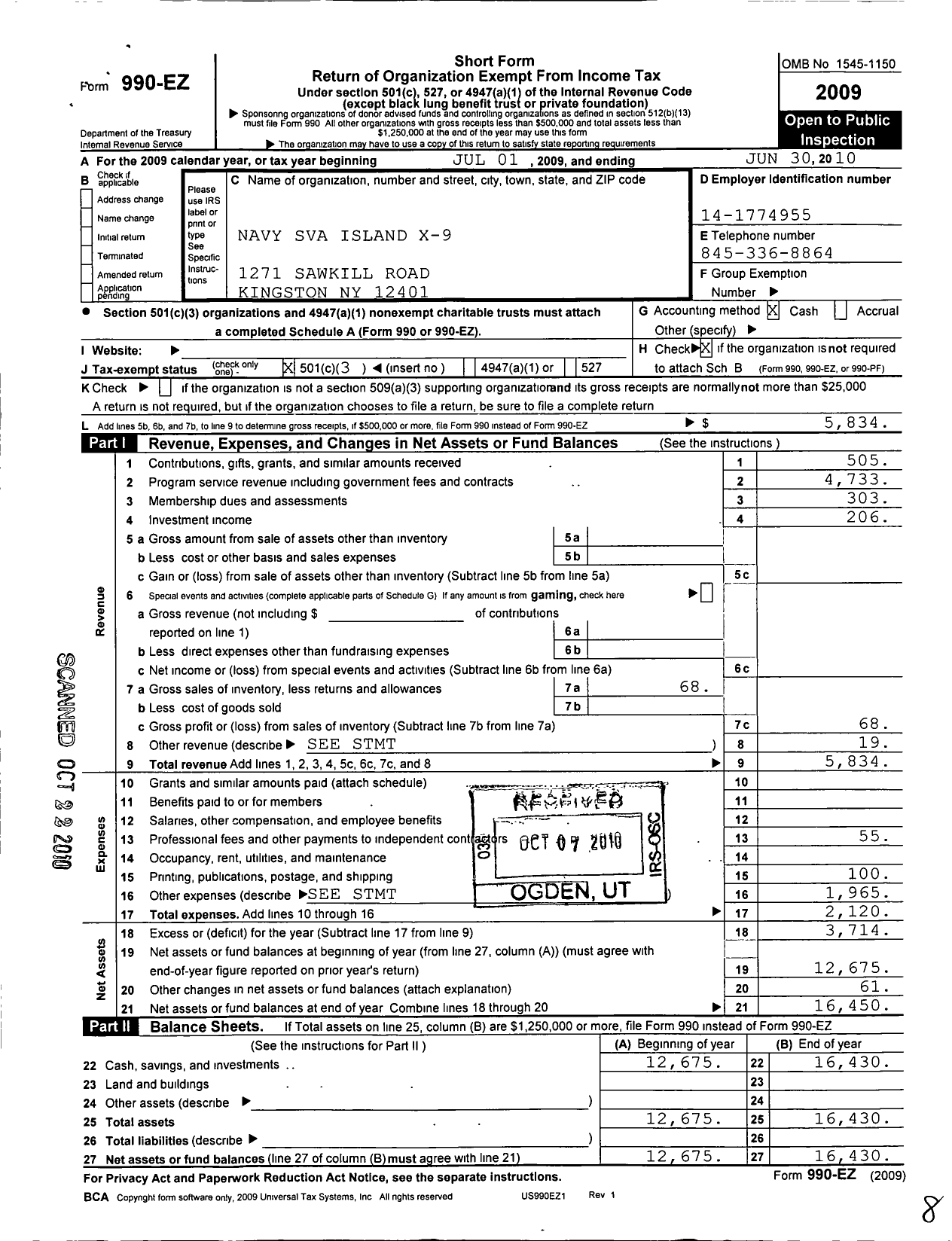 Image of first page of 2009 Form 990EZ for Navy Seabee Veterans of America / X9 Island Kingston Ny