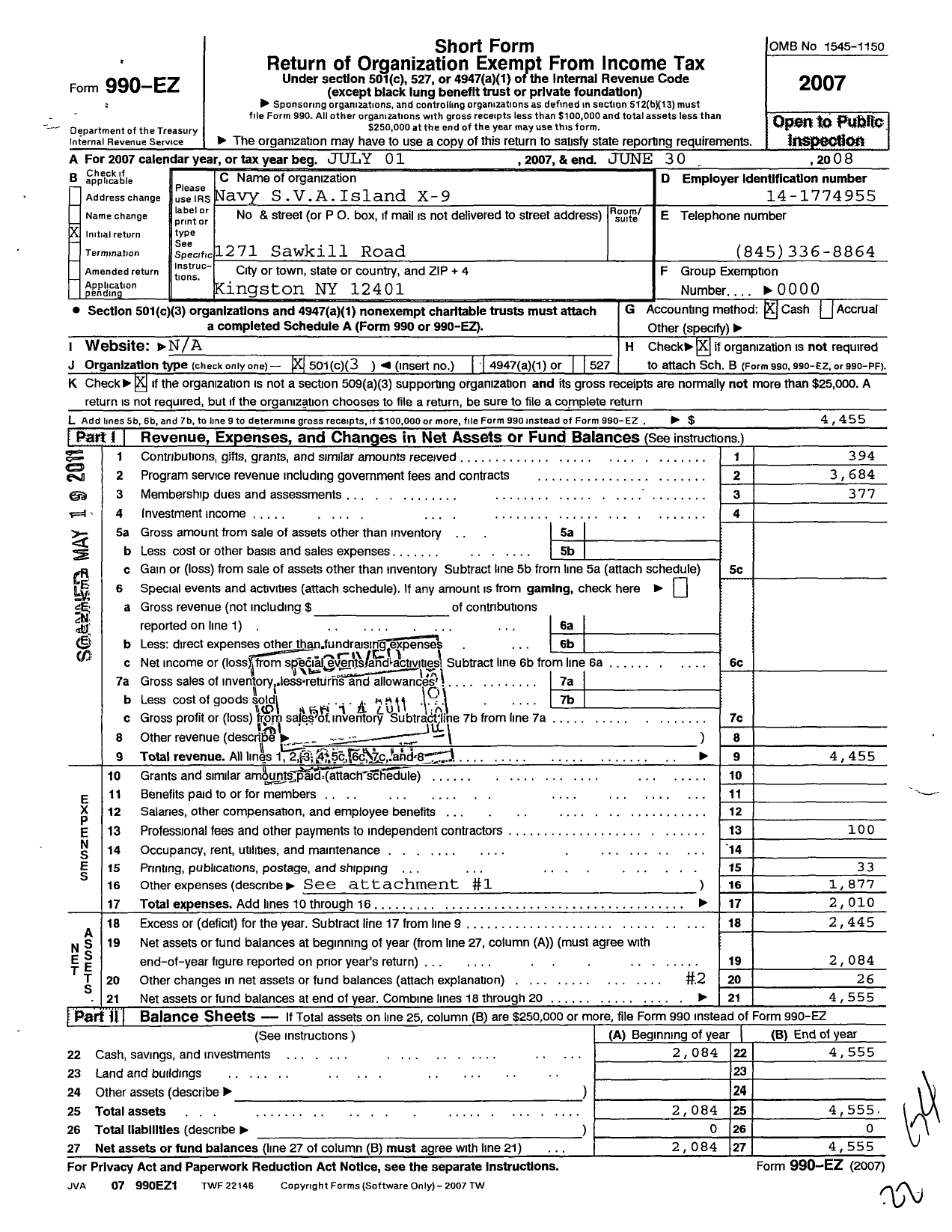 Image of first page of 2007 Form 990EZ for Navy Seabee Veterans of America / X9 Island Kingston Ny