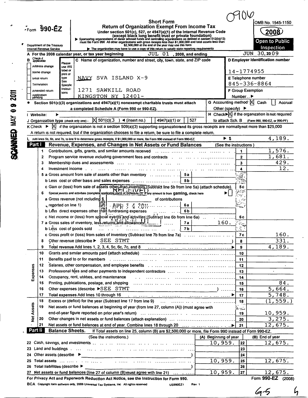 Image of first page of 2008 Form 990EZ for Navy Seabee Veterans of America / X9 Island Kingston Ny