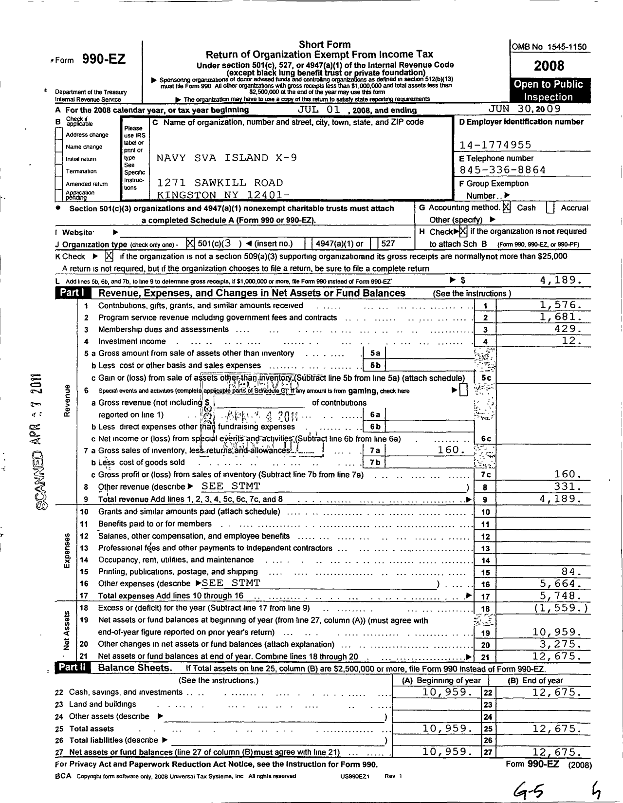 Image of first page of 2008 Form 990EZ for Navy Seabee Veterans of America / X9 Island Kingston Ny