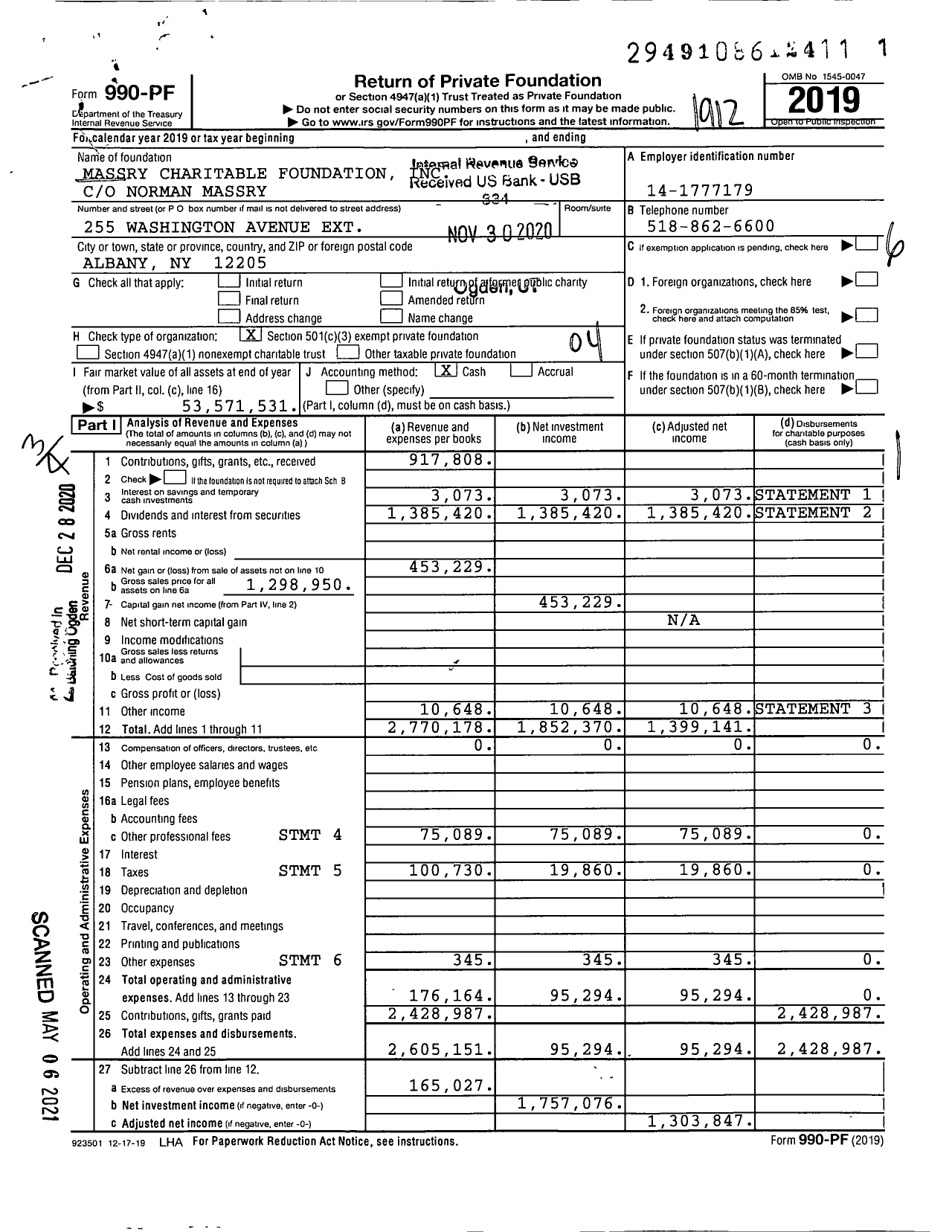 Image of first page of 2019 Form 990PF for Massry Charitable Foundation