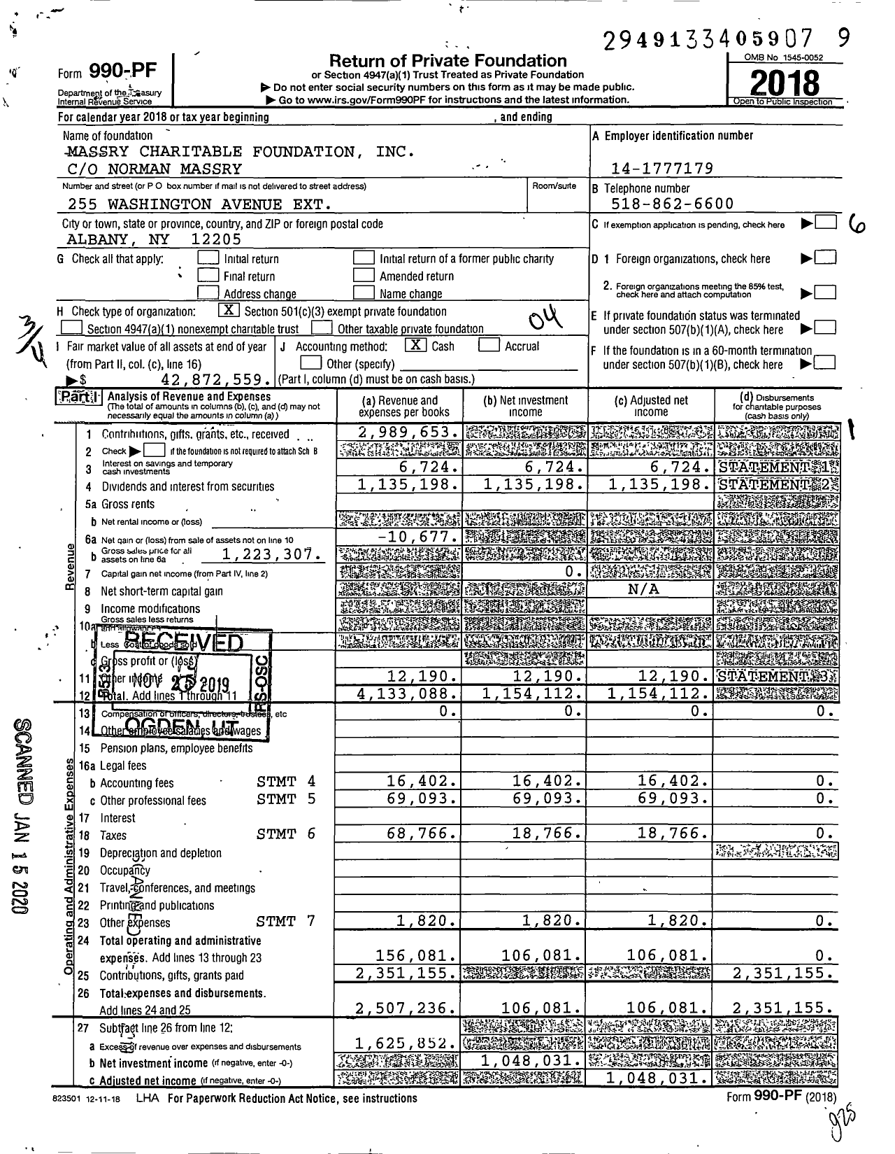 Image of first page of 2018 Form 990PF for Massry Charitable Foundation