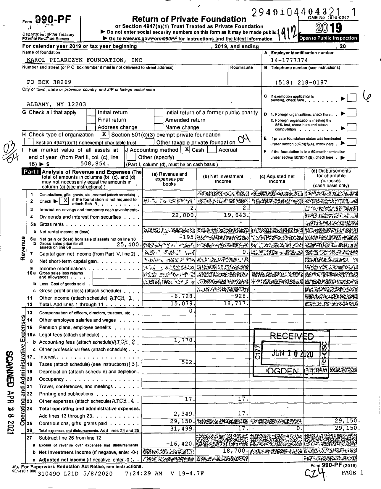 Image of first page of 2019 Form 990PF for Karol Pilarczyk Foundation