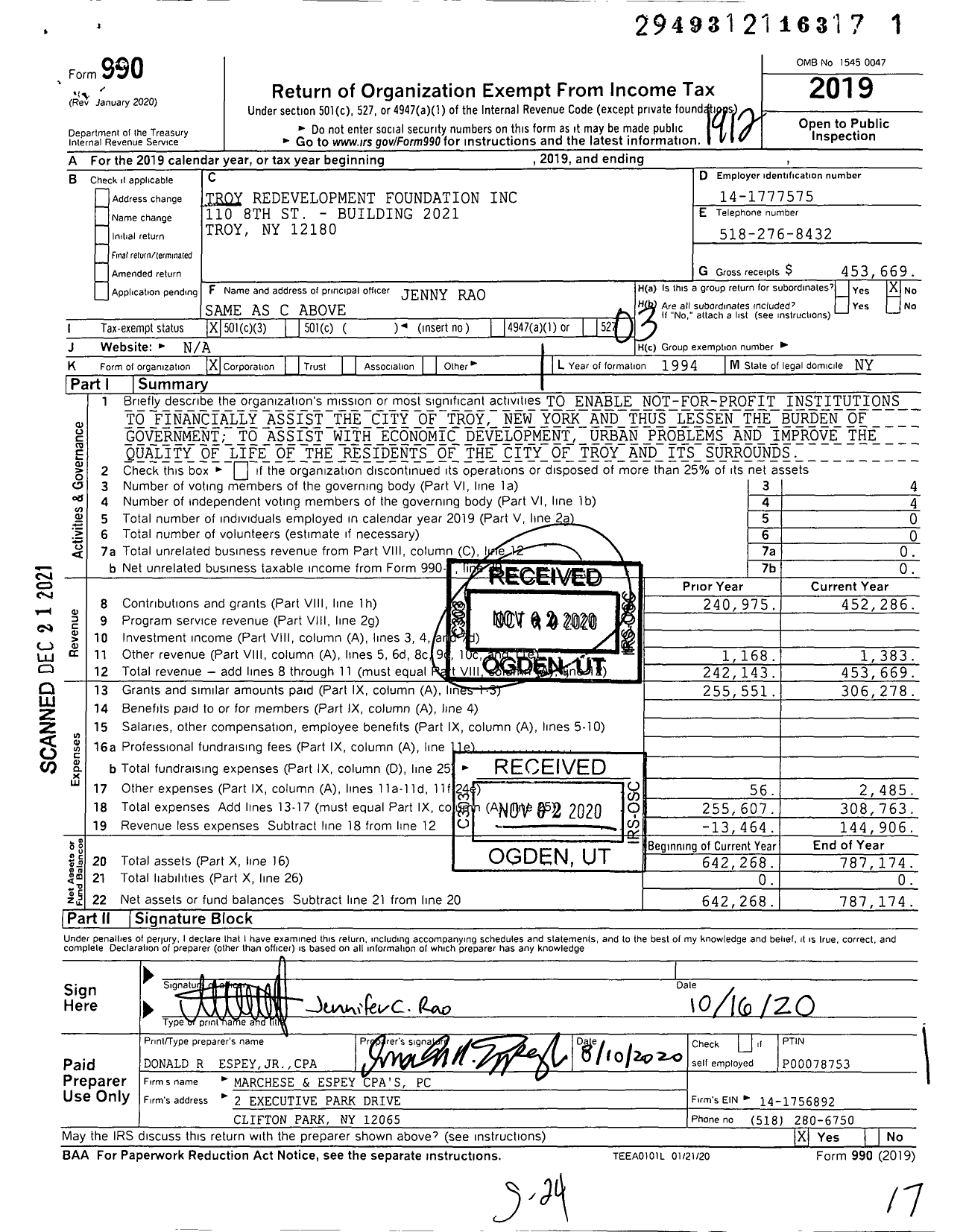 Image of first page of 2019 Form 990 for Troy Redevelopment Foundation