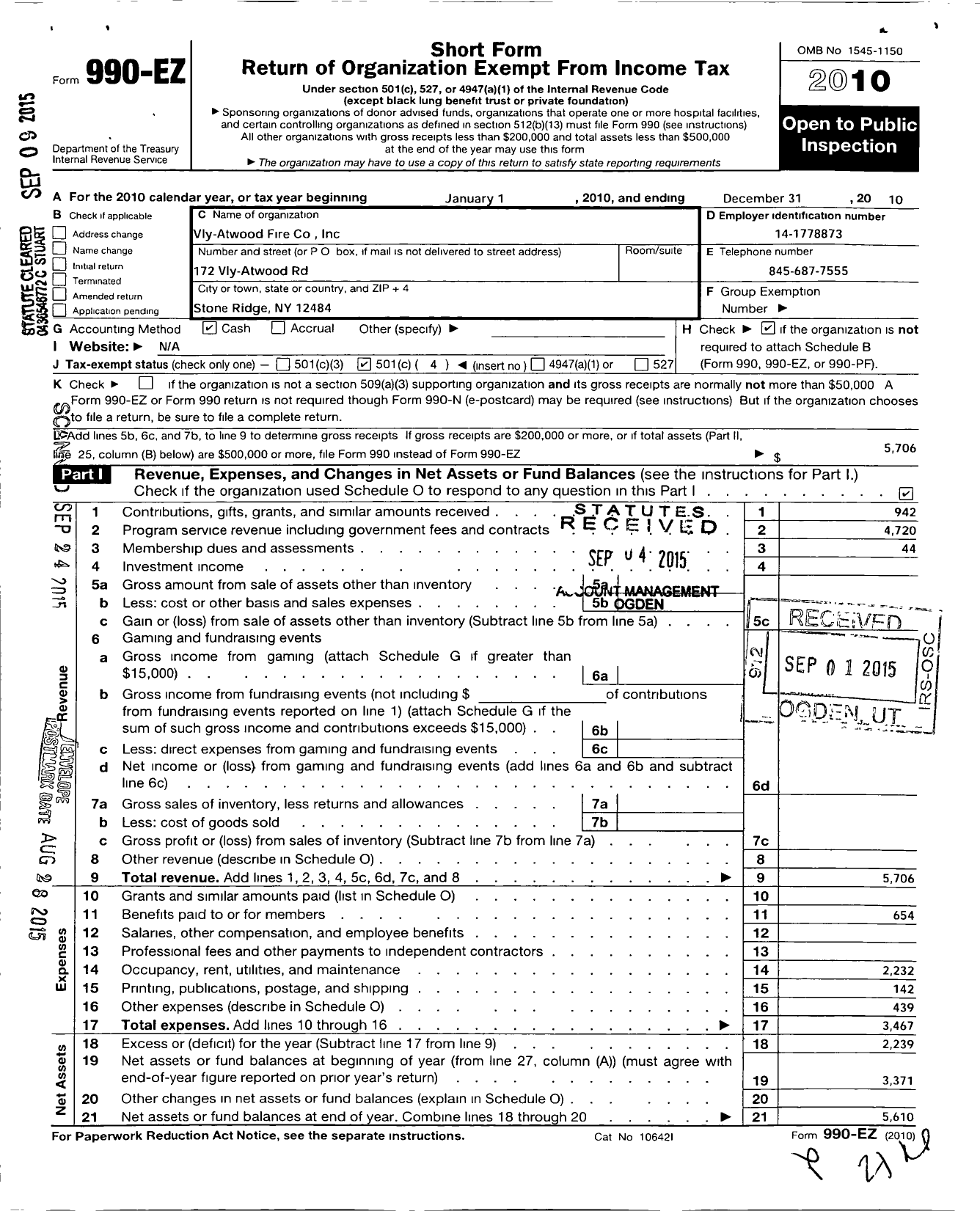 Image of first page of 2010 Form 990EO for Vly-Atwood Fire