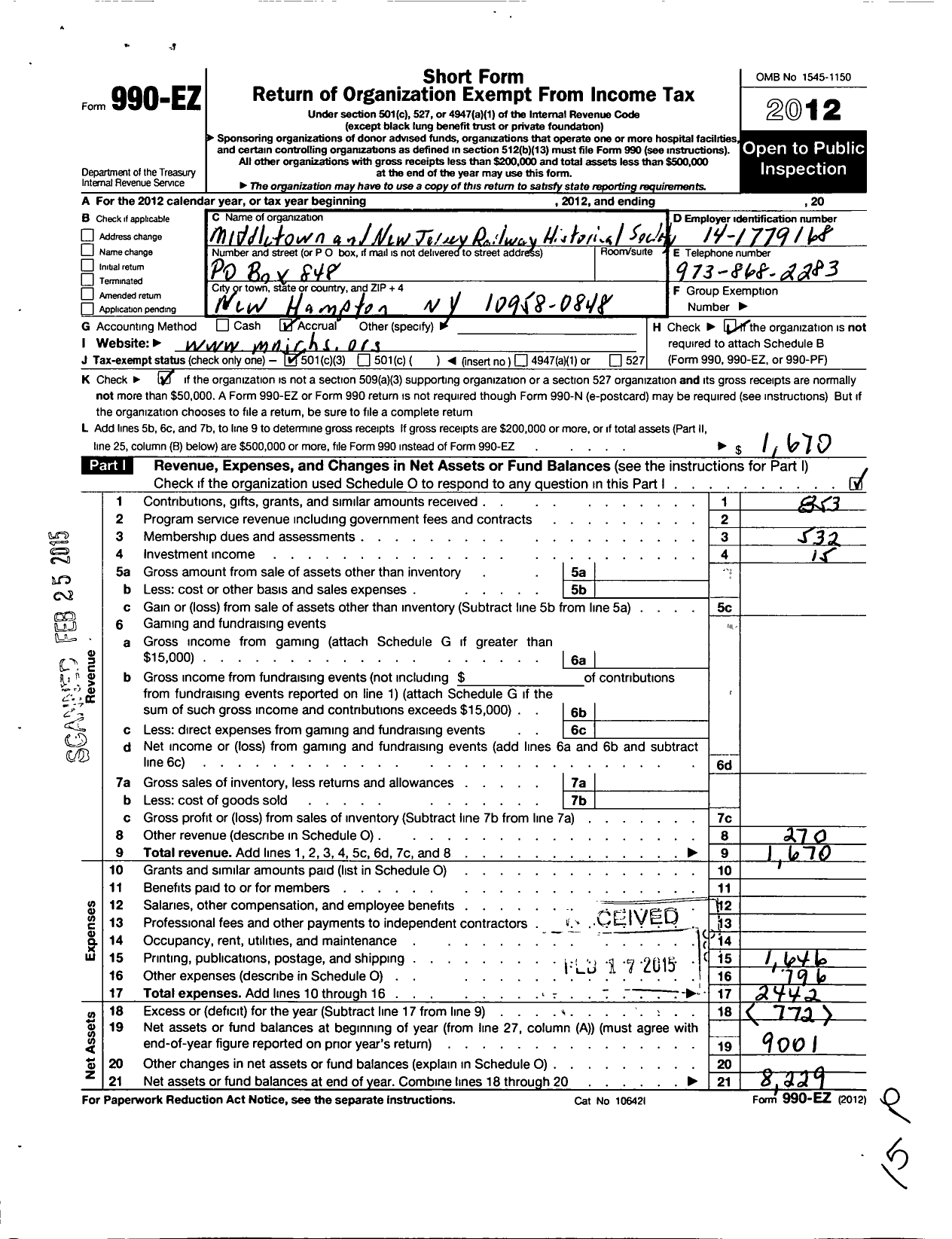 Image of first page of 2012 Form 990EZ for Middletown and New Jersey Railway Historical Society