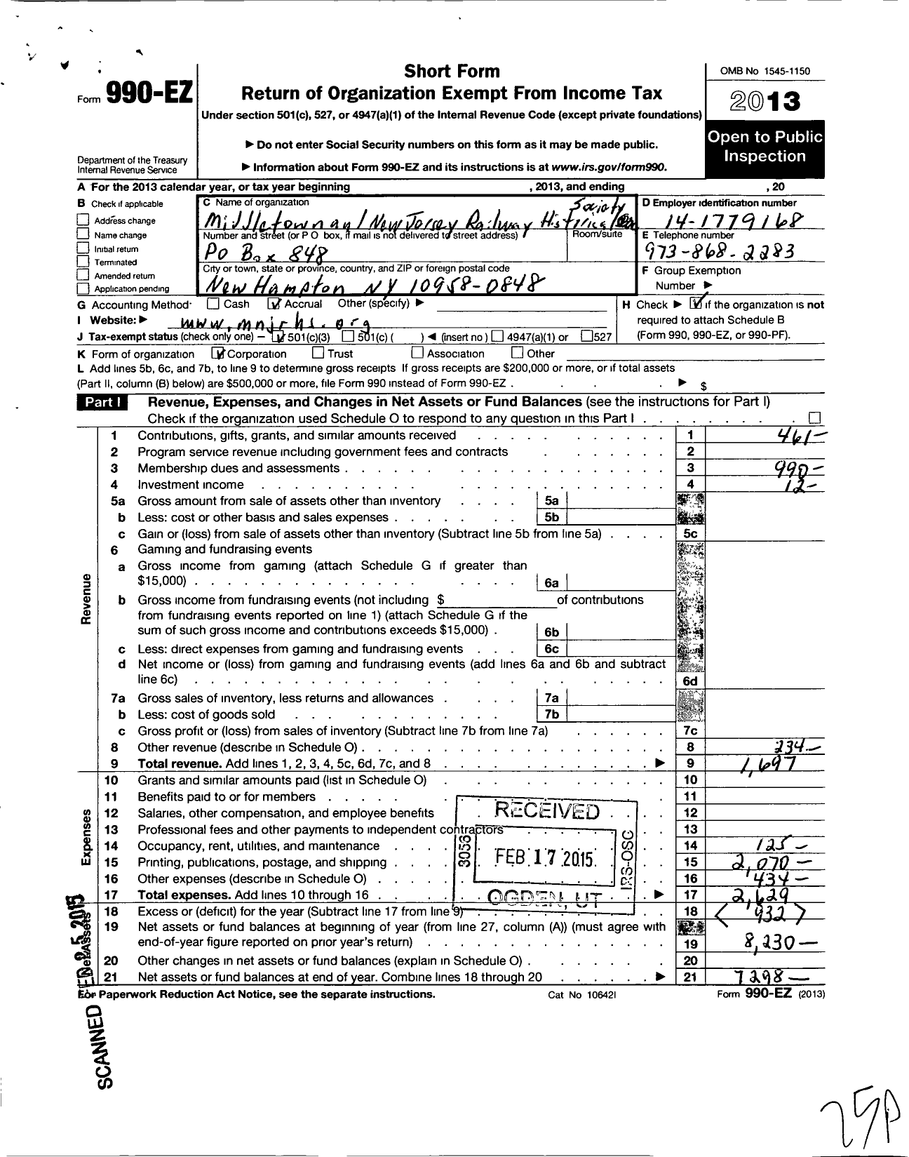 Image of first page of 2013 Form 990EZ for Middletown and New Jersey Railway Historical Society