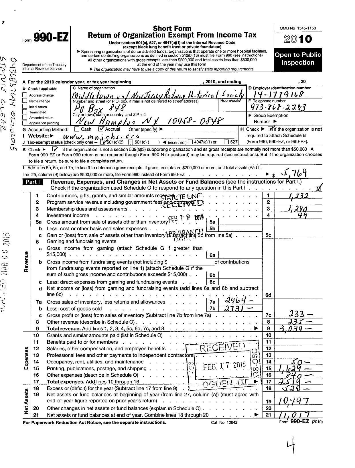 Image of first page of 2010 Form 990EZ for Middletown and New Jersey Railway Historical Society