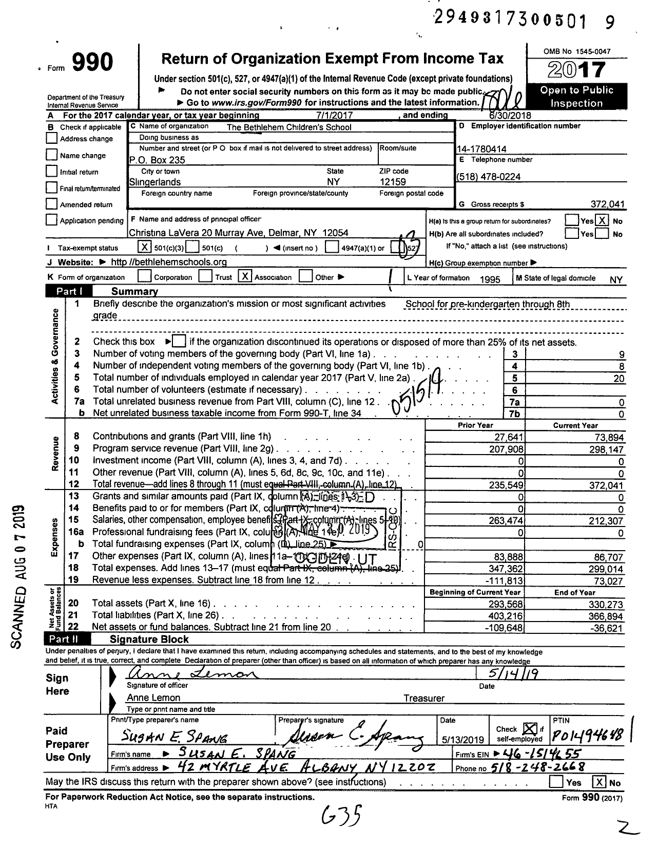 Image of first page of 2017 Form 990 for Bethlehem Children's School