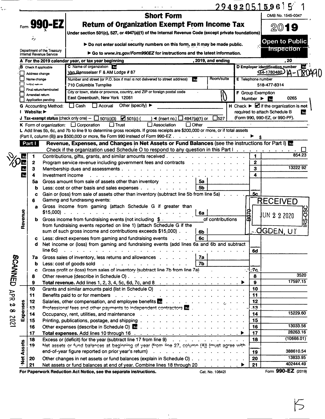 Image of first page of 2019 Form 990EO for FREE and ACCEPTED MASONS OF NEW YORK - 87 Van Rensselar