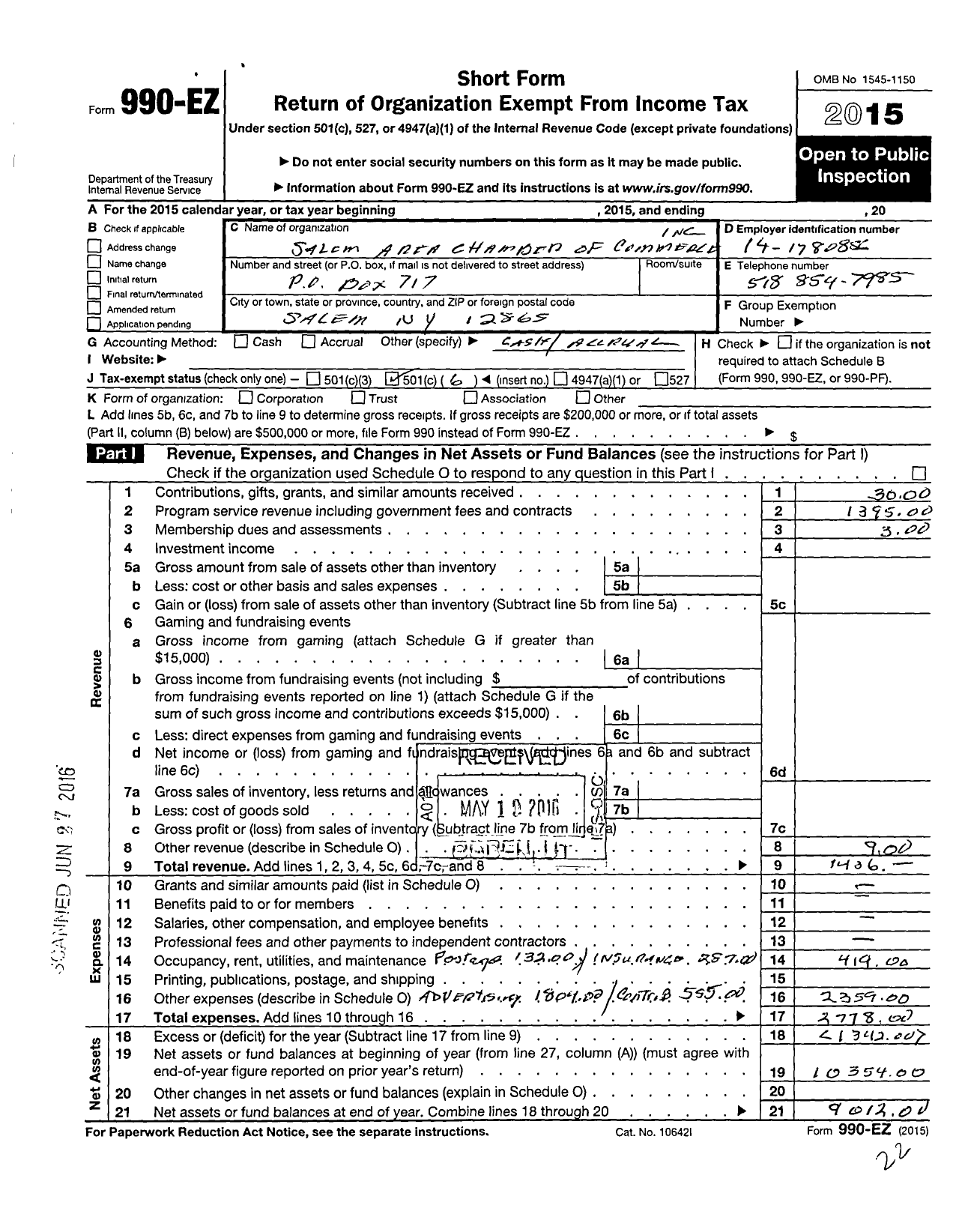 Image of first page of 2015 Form 990EO for Salem Area Chamber of Commerce