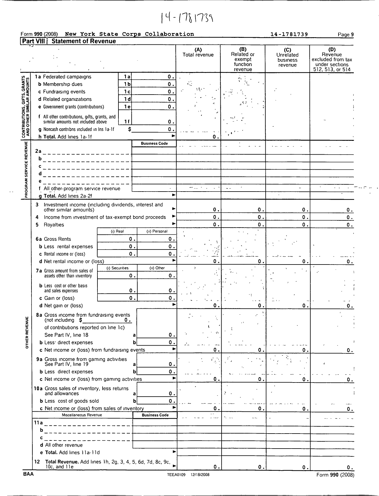 Image of first page of 2008 Form 990R for New York State Corps Collaboration