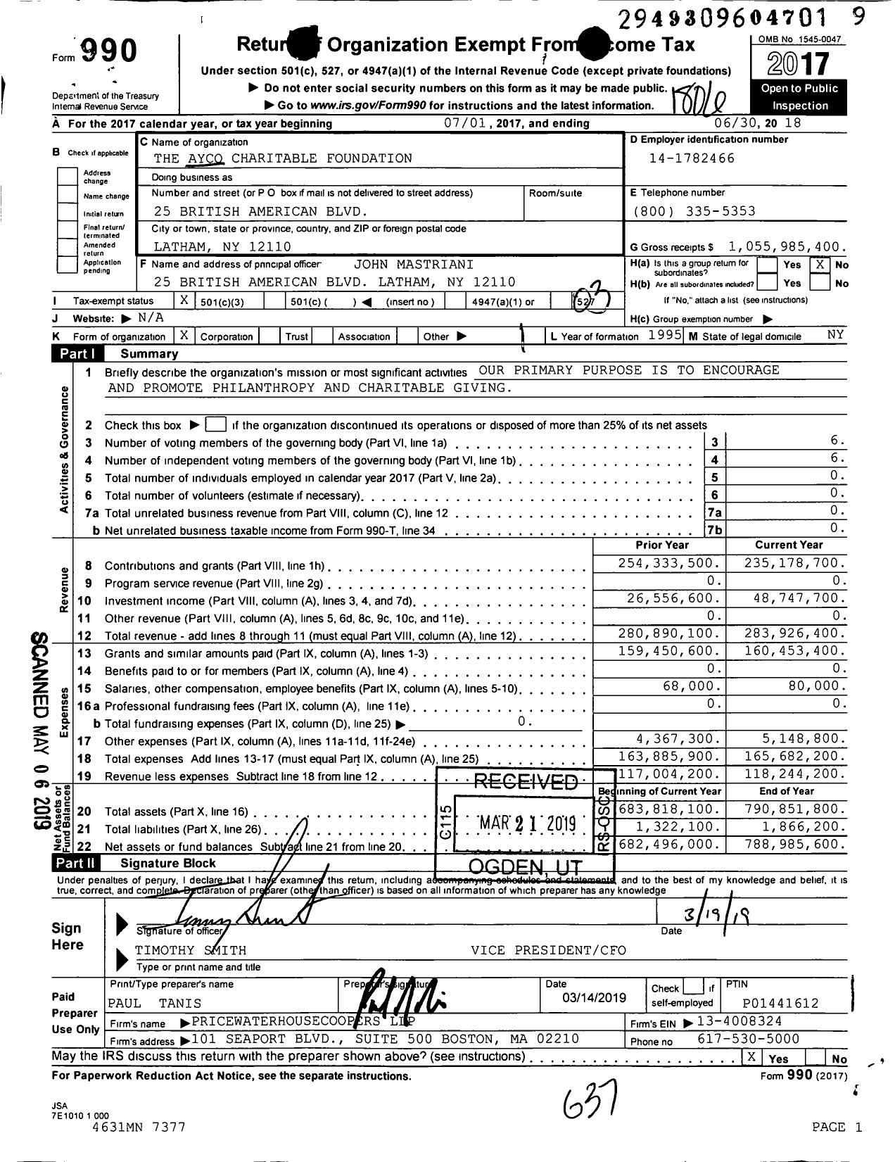 Image of first page of 2017 Form 990 for The Ayco Charitable Foundation