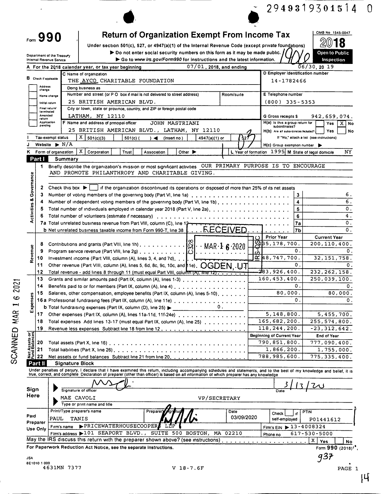 Image of first page of 2018 Form 990 for The Ayco Charitable Foundation