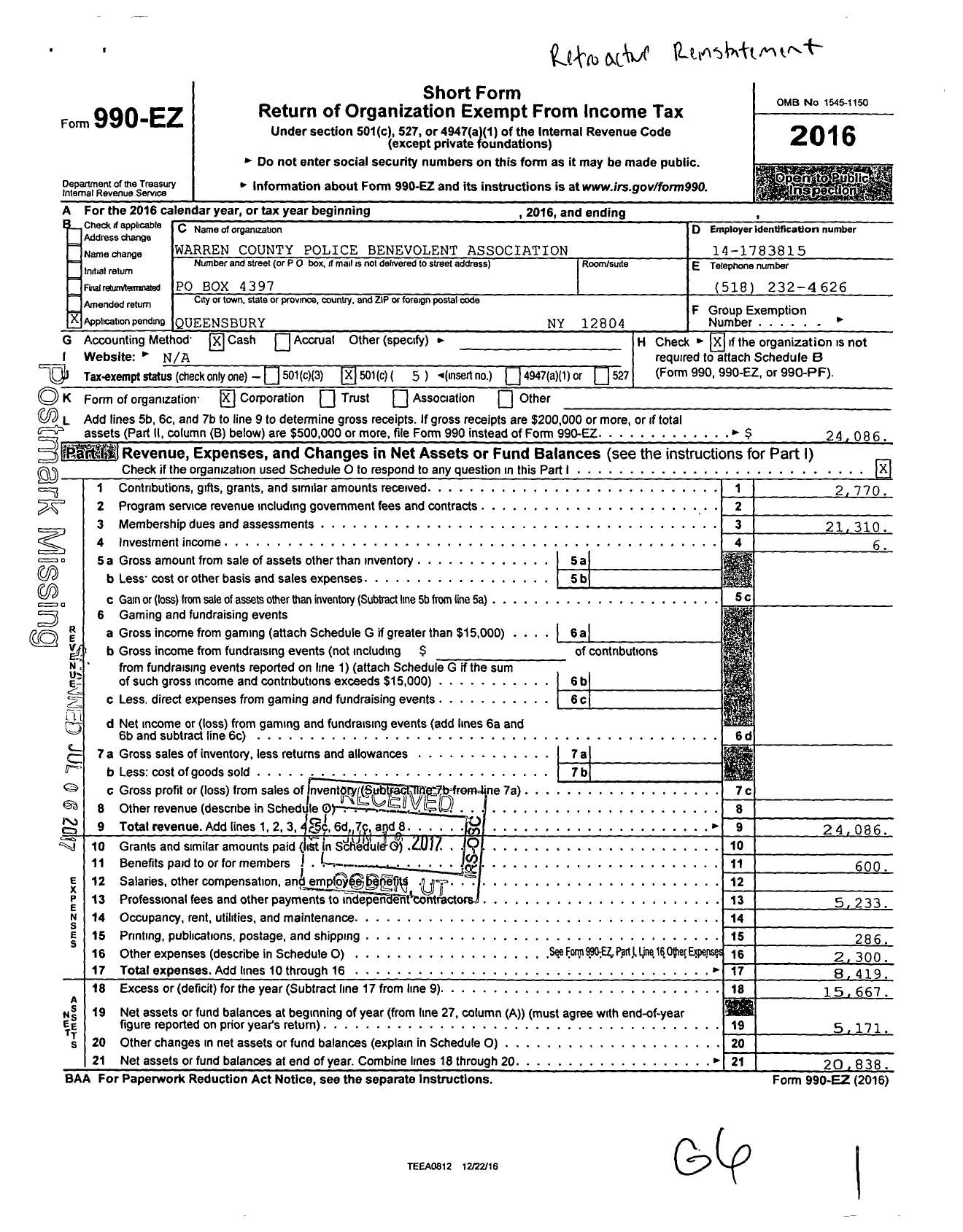 Image of first page of 2016 Form 990EO for Warren County Police Benevolent Association