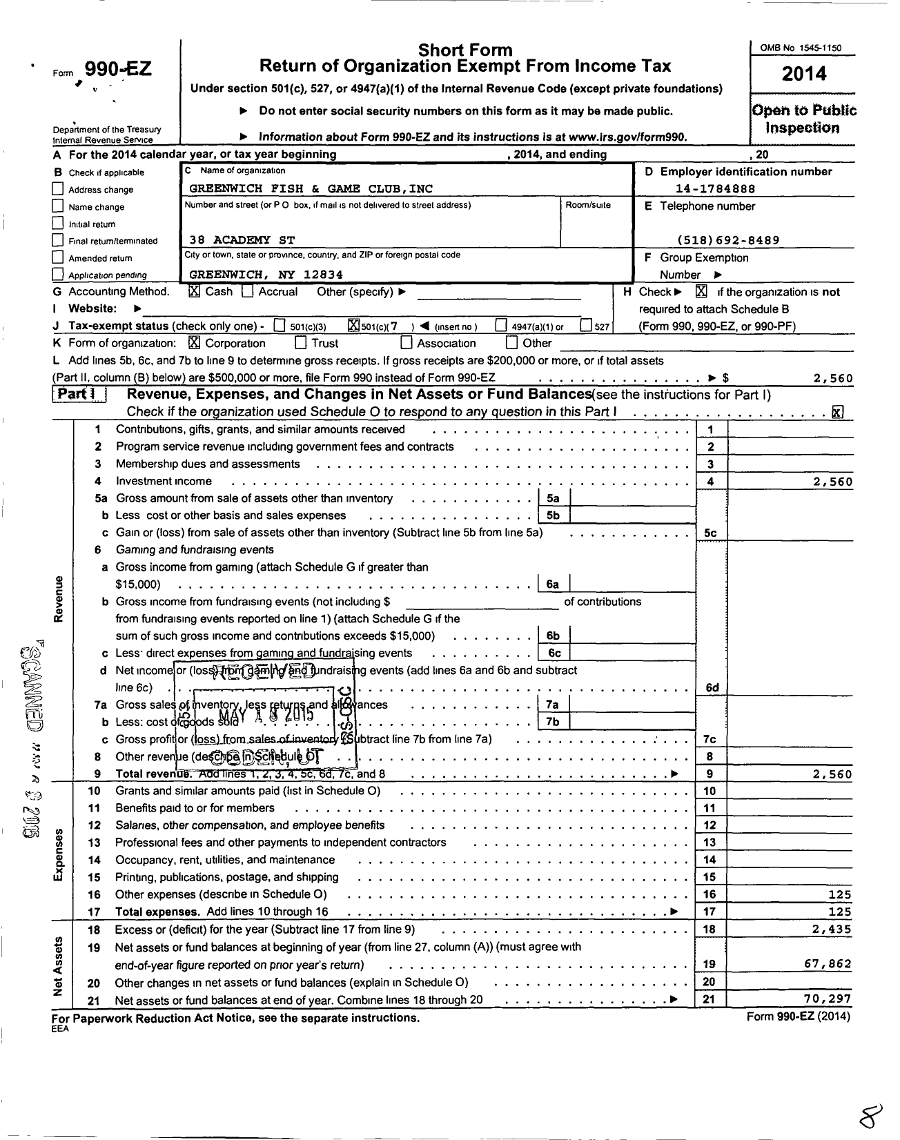 Image of first page of 2014 Form 990EO for Greenwich Fish and Game Club