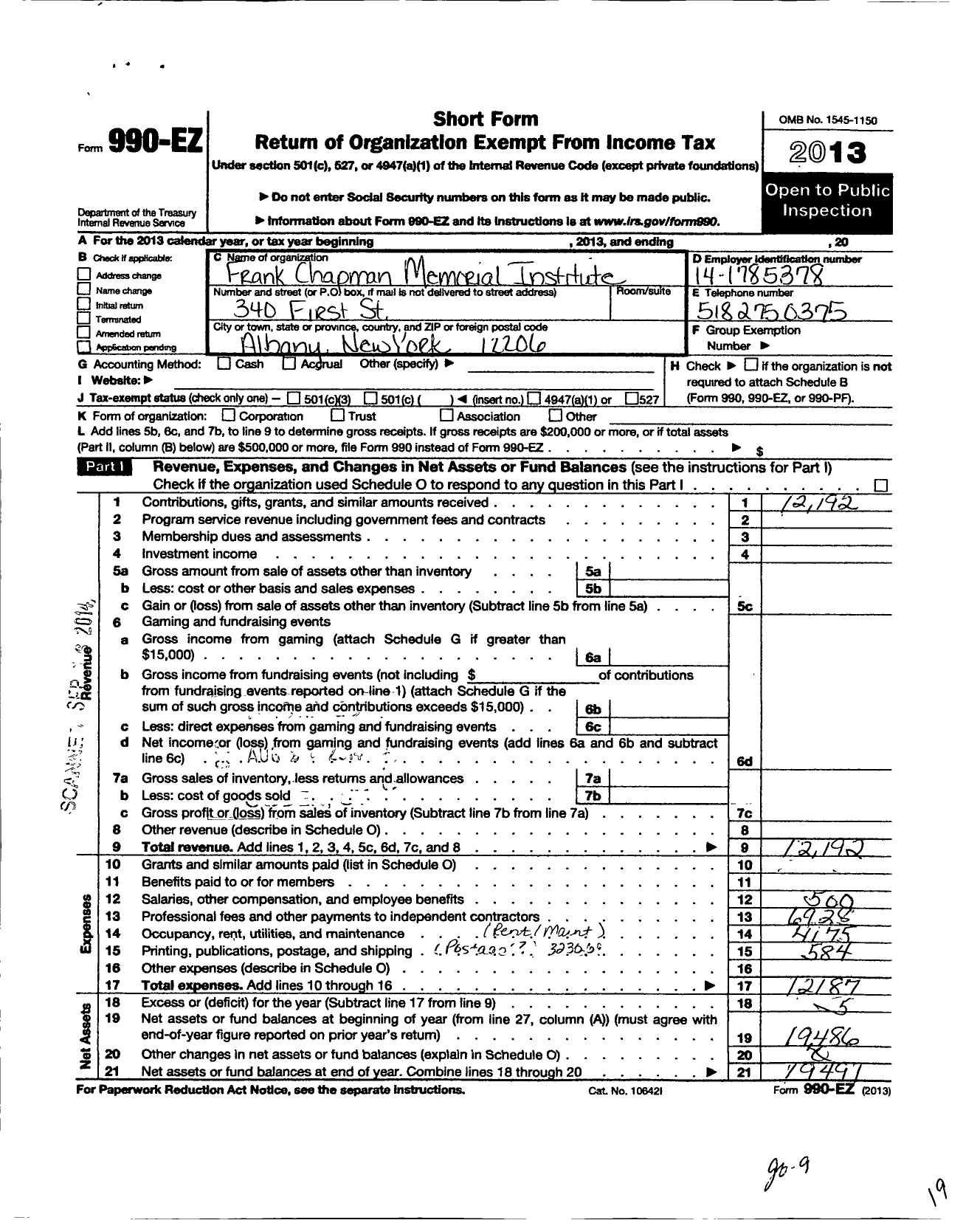 Image of first page of 2013 Form 990EO for Frank Chapman Memorial Institute