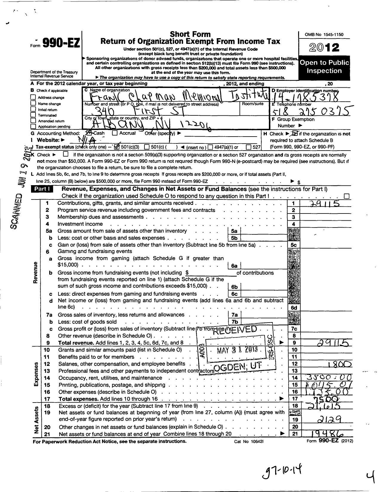 Image of first page of 2012 Form 990EZ for Frank Chapman Memorial Institute