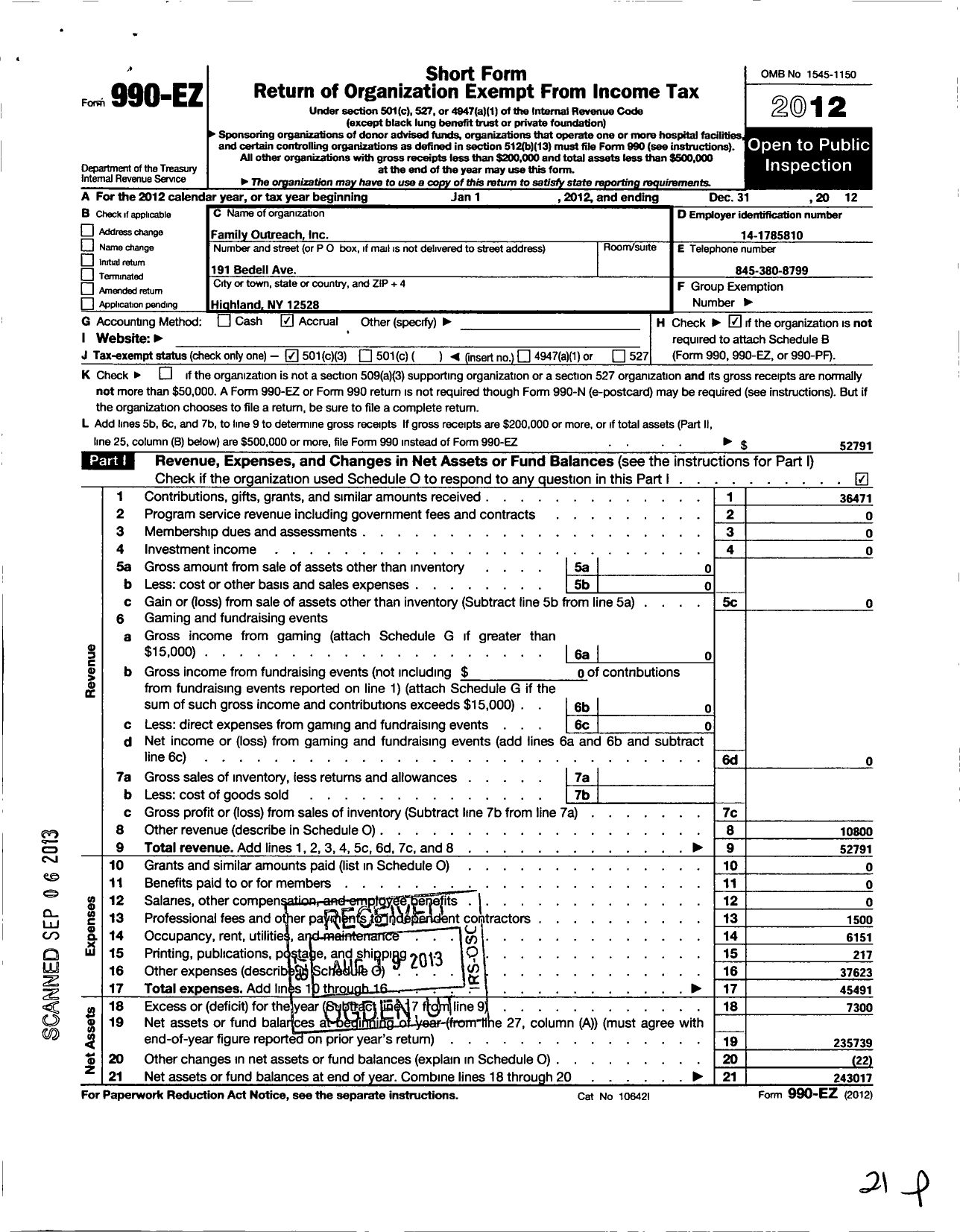 Image of first page of 2012 Form 990EZ for Family Outreach