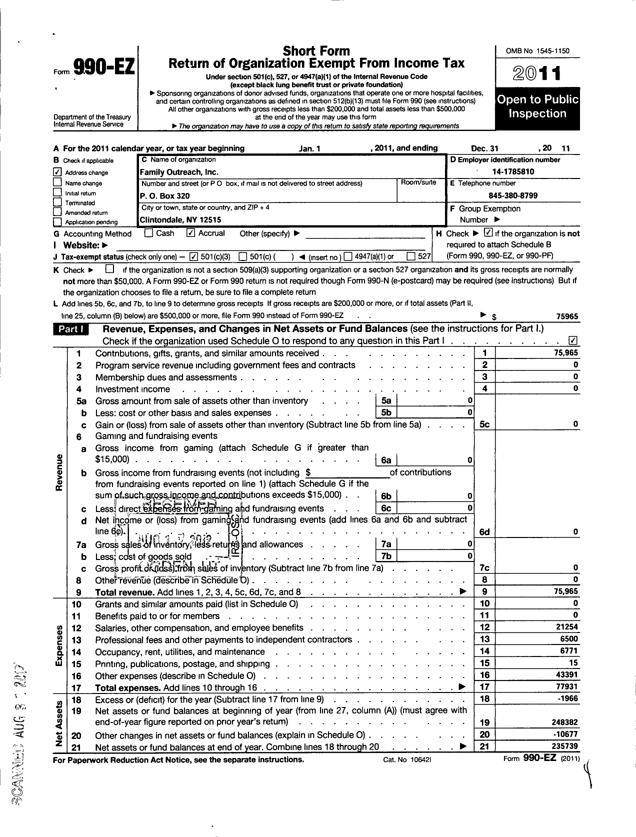 Image of first page of 2011 Form 990EZ for Family Outreach