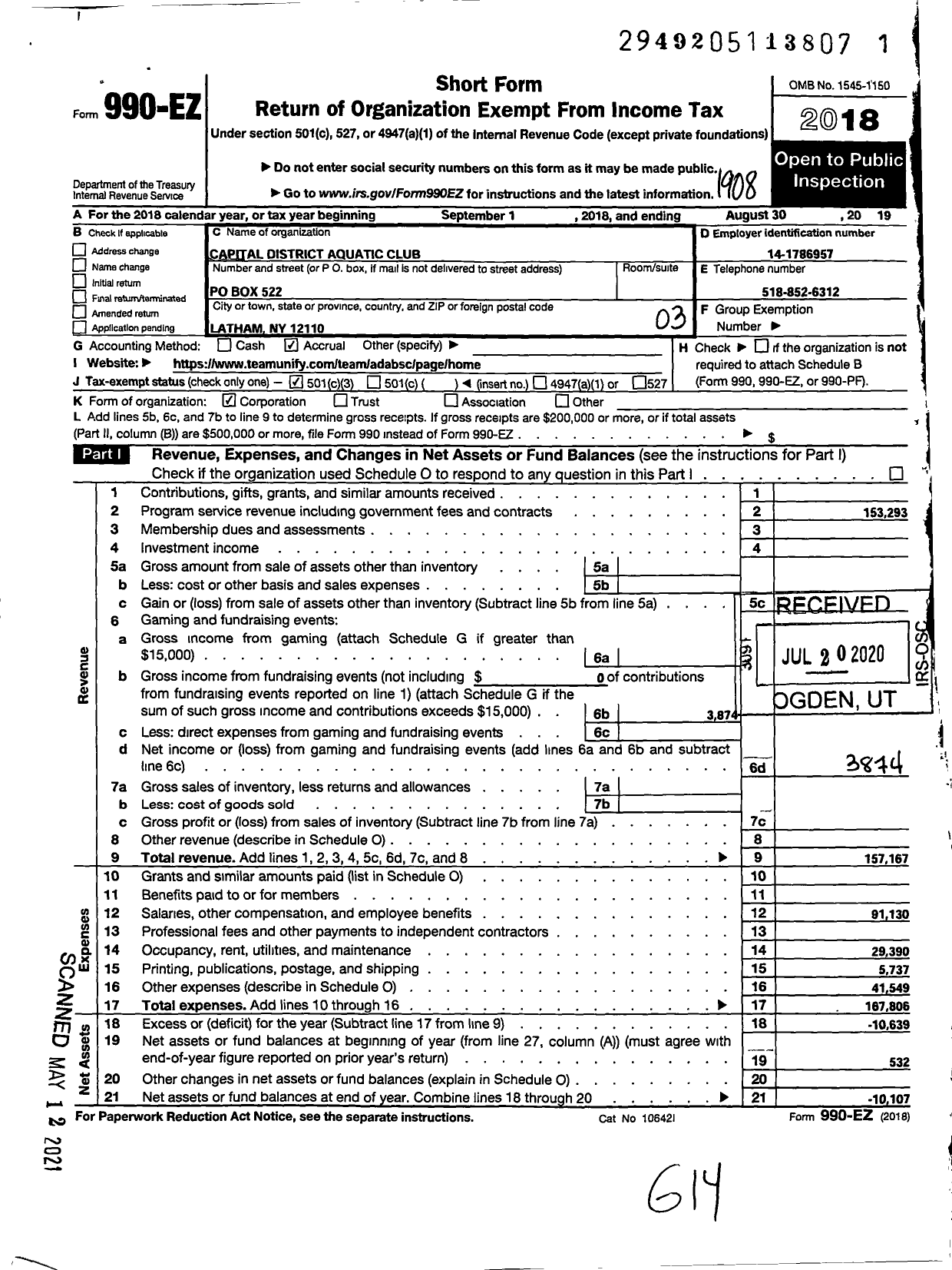 Image of first page of 2018 Form 990EZ for Capital District Aquatics Corporation