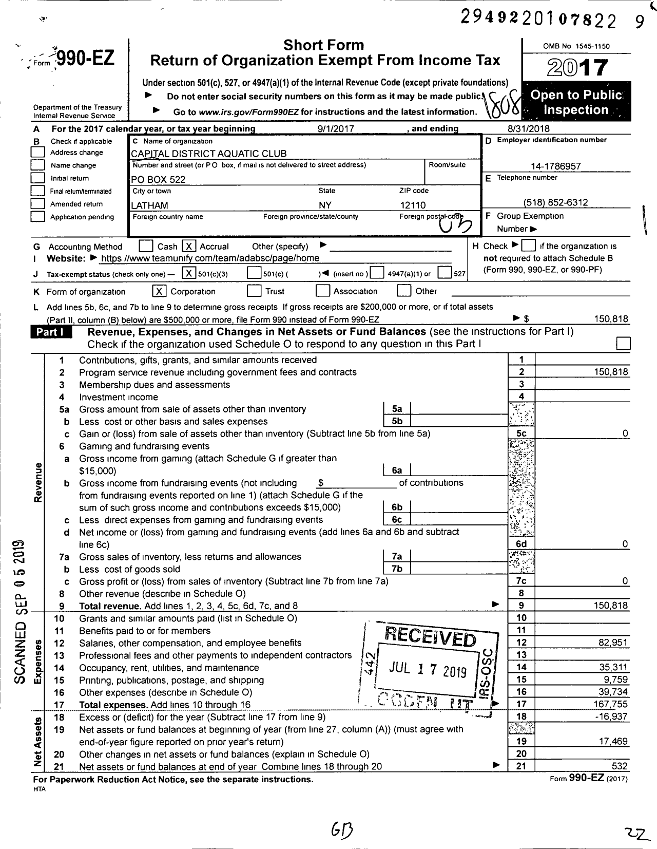 Image of first page of 2017 Form 990EZ for Capital District Aquatics Corporation